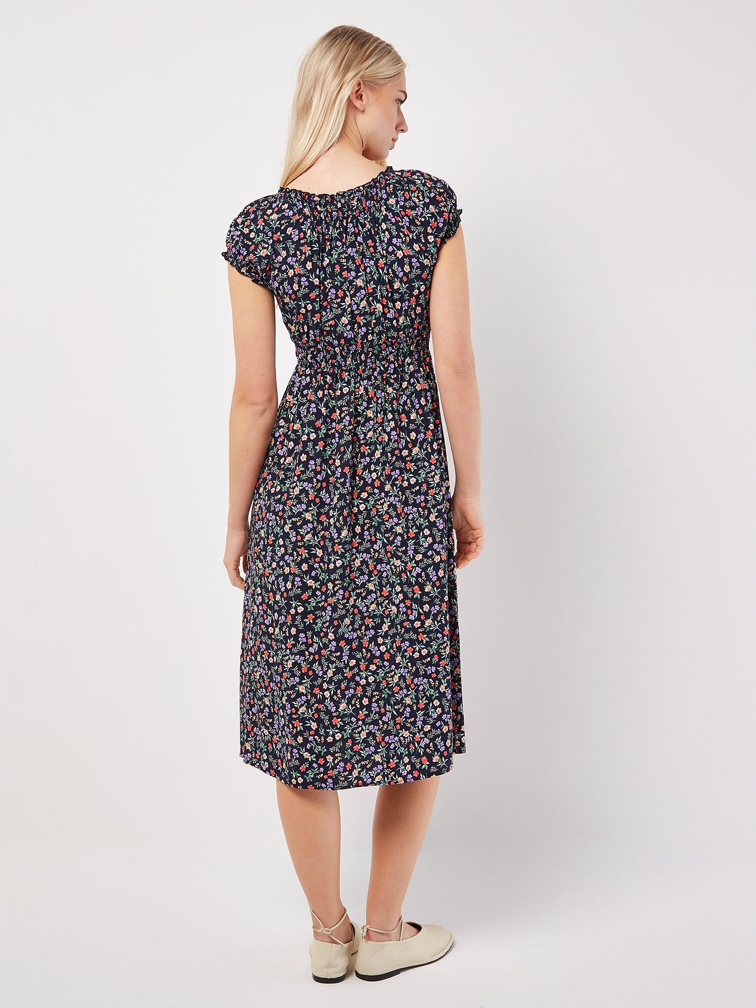 Apricot Midikleid Florales Midikleid mit gesmokter Taille – Bild 4 von 5