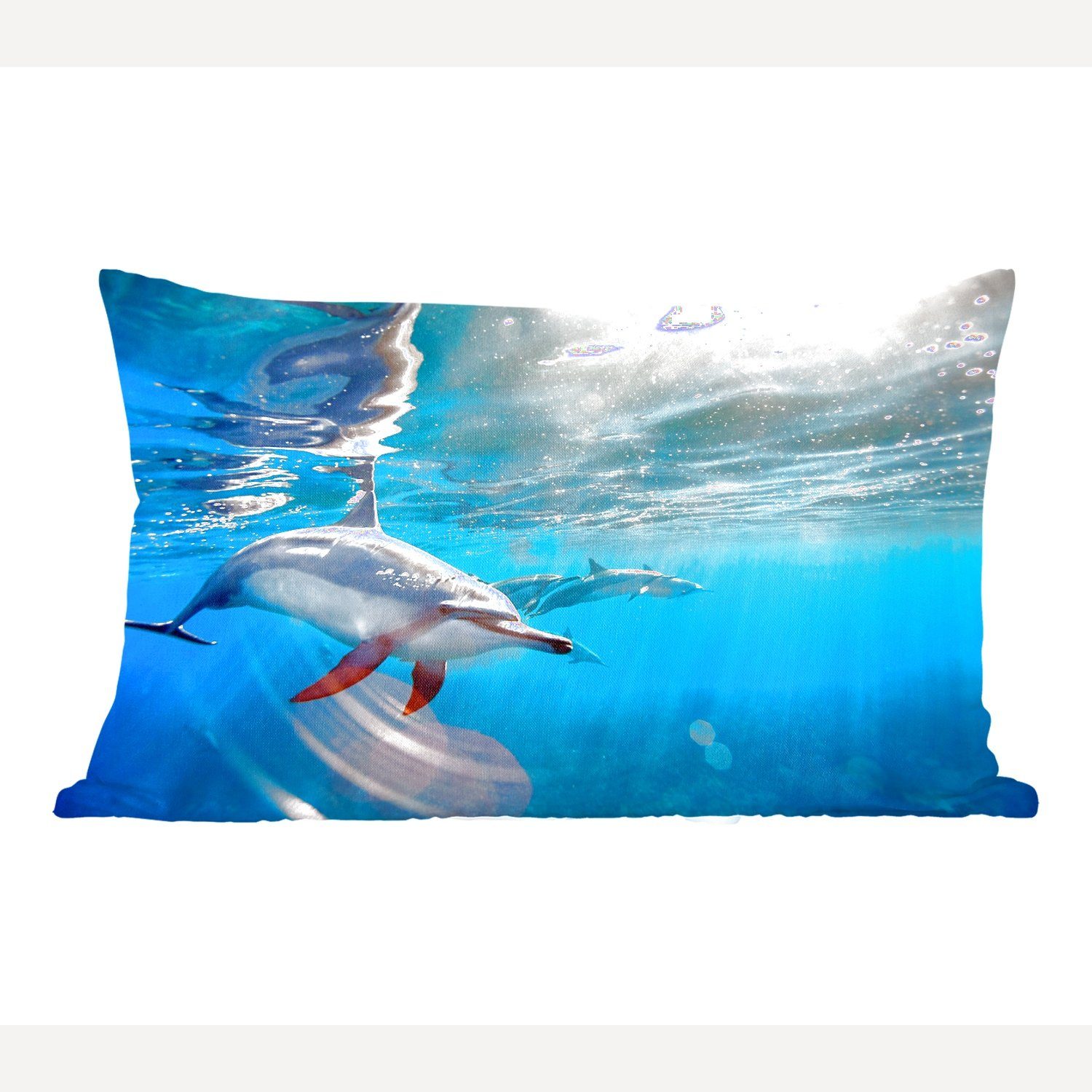 Dekokissen mit - Schlafzimmer Wohzimmer Wasser, Dekokissen MuchoWow Zierkissen, - Sonne Delphin Füllung, Dekoration,