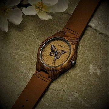 Holzwerk Quarzuhr MONARCH Damen Leder & Holz Armband Uhr, Schmetterling Muster, braun