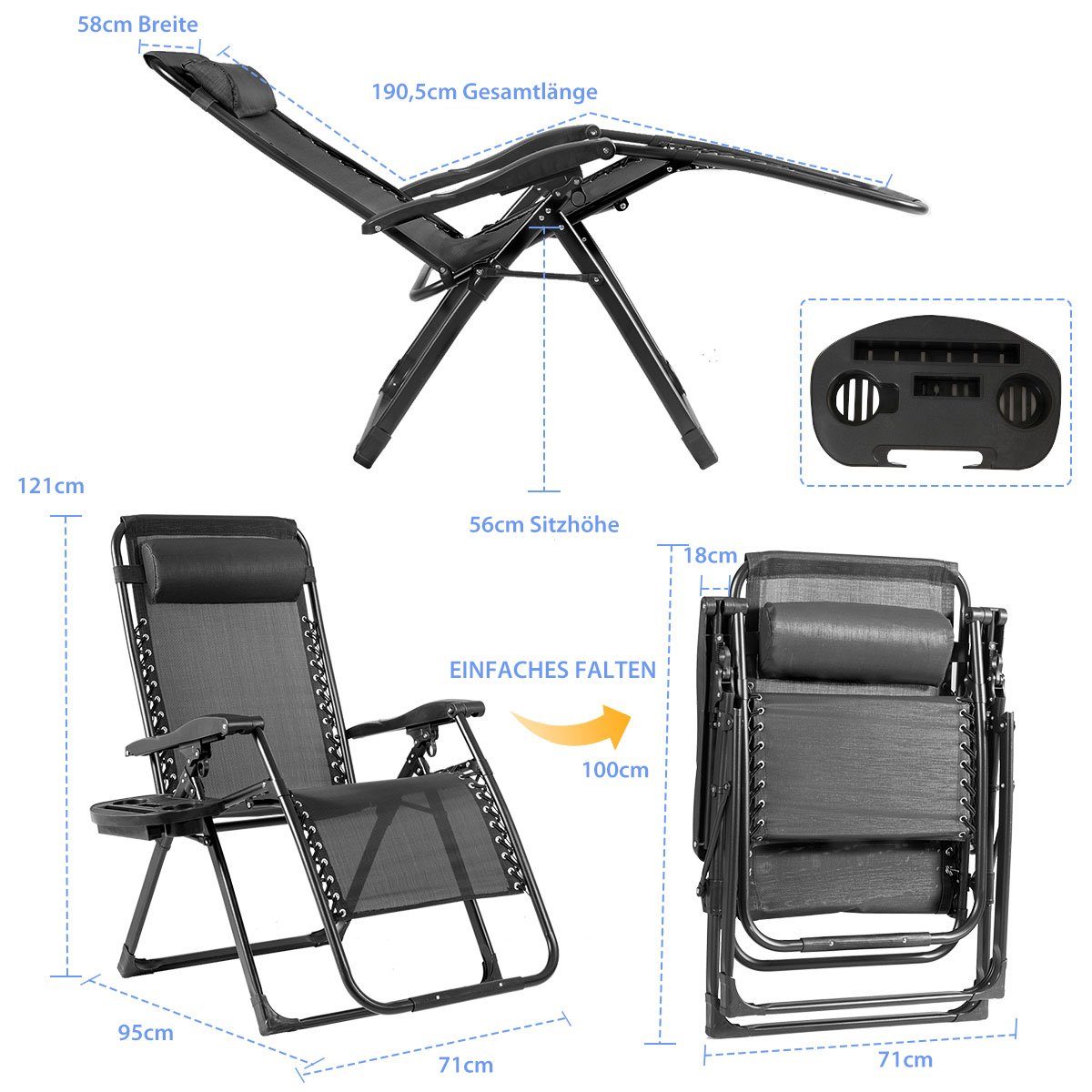 mit Kopfstütze schwarz 227kg, Getränkehalter, Gartenstuhl, klappbar COSTWAY bis &