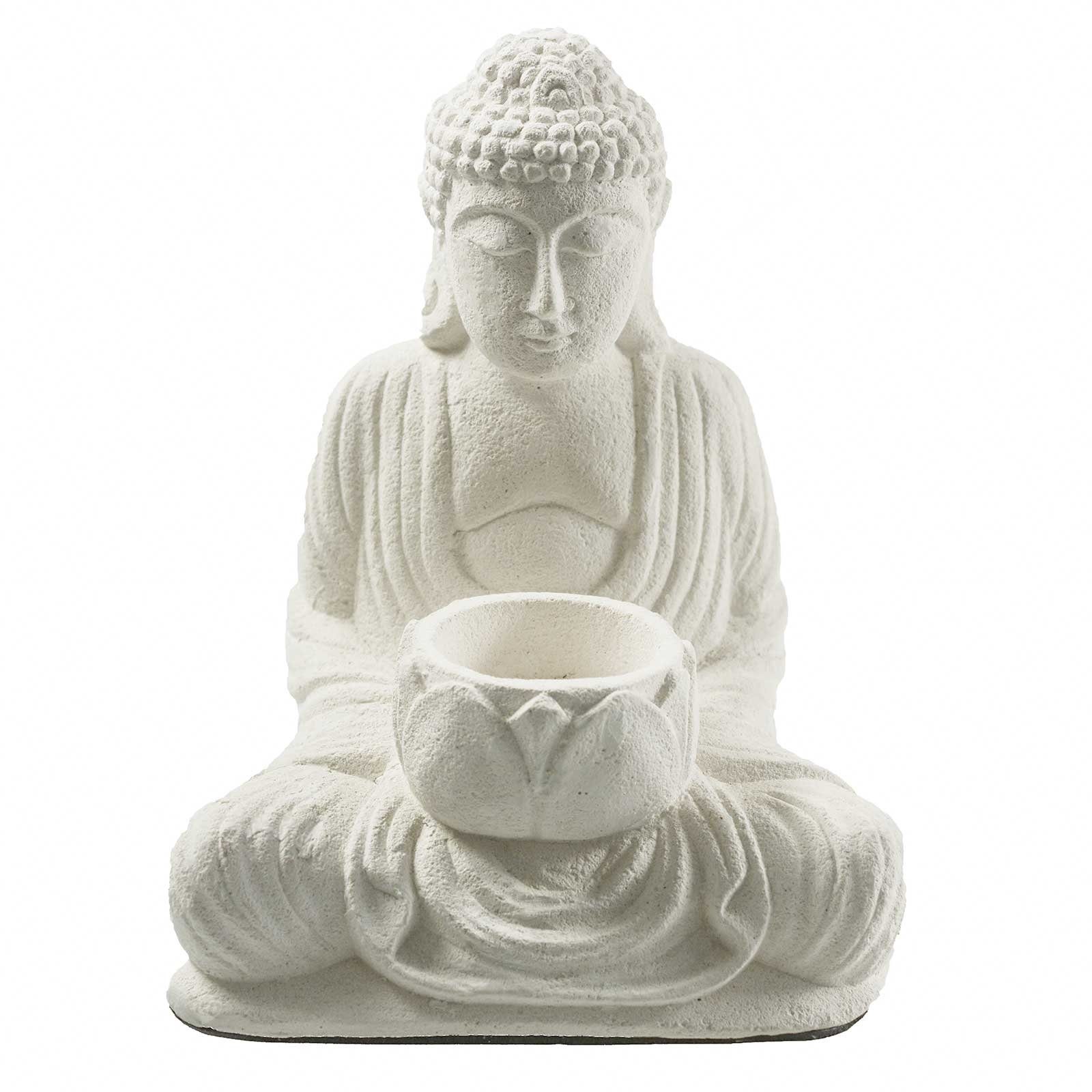 Buddha Teelichthalter Lotussitz 17cm Sandstein-Optik Meditation Feng Shui 14,99 