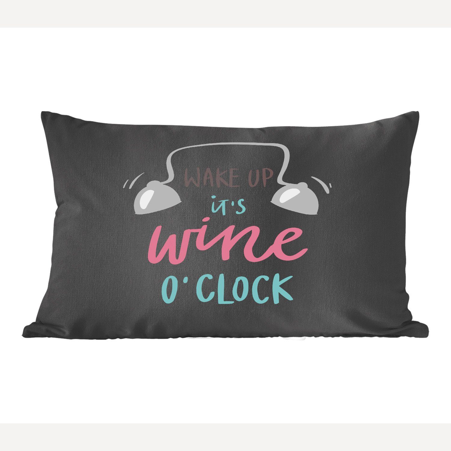 MuchoWow Dekokissen Zitat "Wake up, it's wine o'clock" vor schwarzem Hintergrund, Wohzimmer Dekoration, Zierkissen, Dekokissen mit Füllung, Schlafzimmer