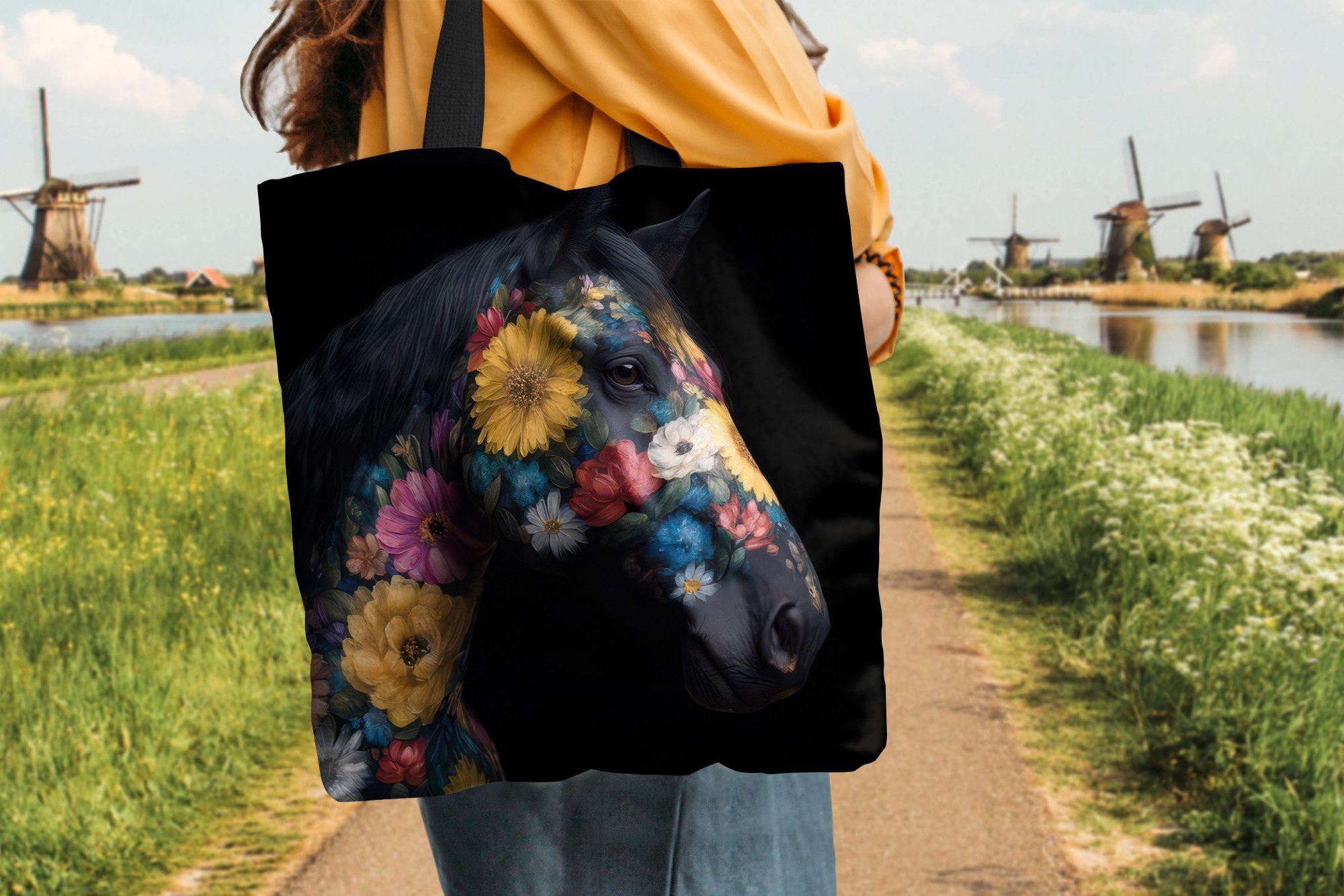 MuchoWow Shopper Pferd - Blumen - Schwarz, Handtasche, Damen und Herren, Schultertasche, Umhängetasche, Tote Bag
