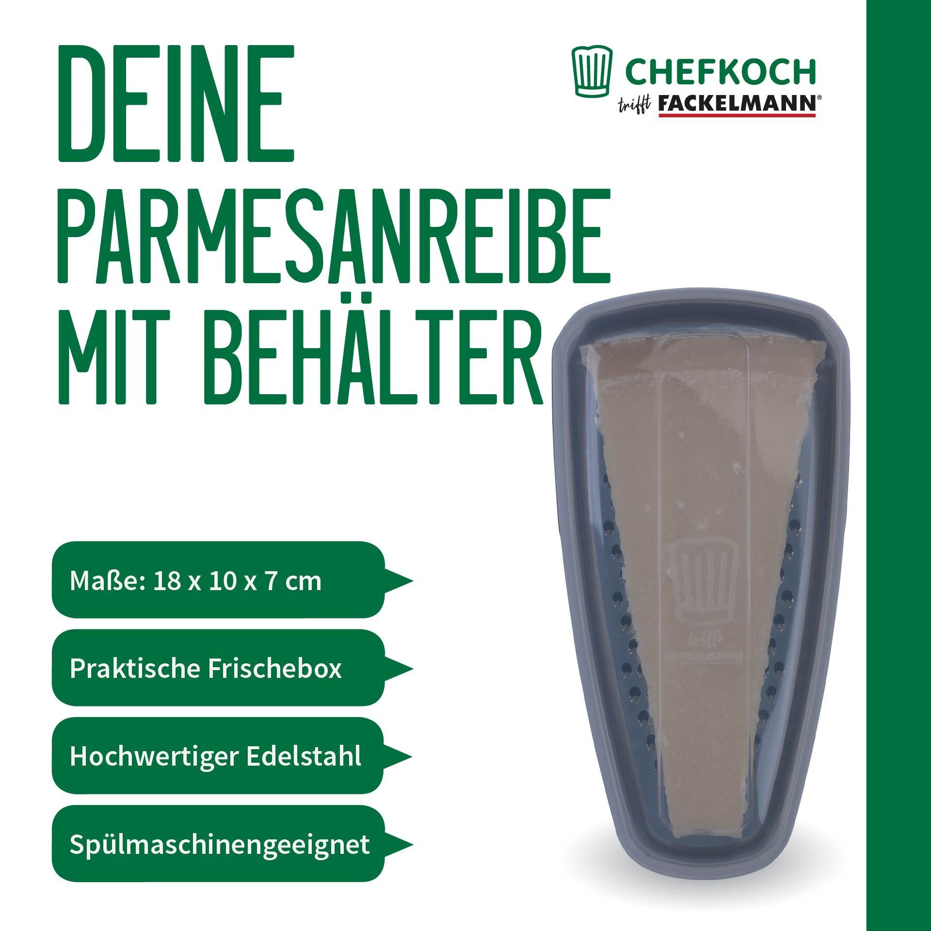 Chefkoch trifft Fackelmann Käsereibe Parmesanreibe mit Behälter, Käsereibe, Käsehobel, Käsemühle
