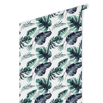 K&L Wall Art Mustertapete Wohnzimmer Pflanzen Dschungel Vliestapete Regenwald Monstera weiß, Dschungelpflanze Tapete