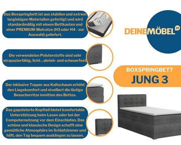 Deine Möbel 24 Boxspringbett Polsterbett Jungendbett JUNG 3 inkl. Matratzen H3 / H4 inkl. Topper (Boxbett für Jugendliche, Bonellfederkernmatratze H3 Taschenfederkernmatratze H4), 90x200 100x200 Veloursstoff Einzelbett Boxspring Hotelbett