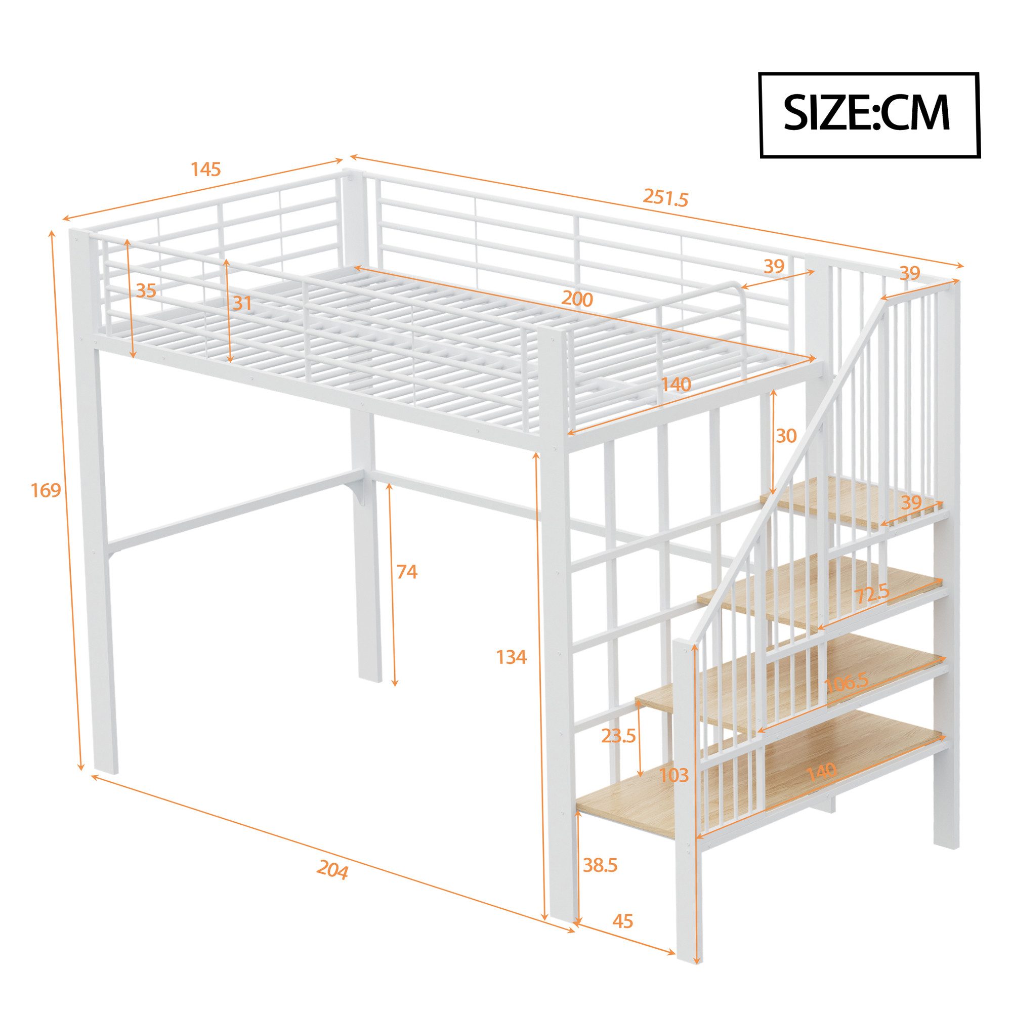 Flieks Hochbett Metallbett Kinderbett 140x200cm mit großen Stauraum und Treppe