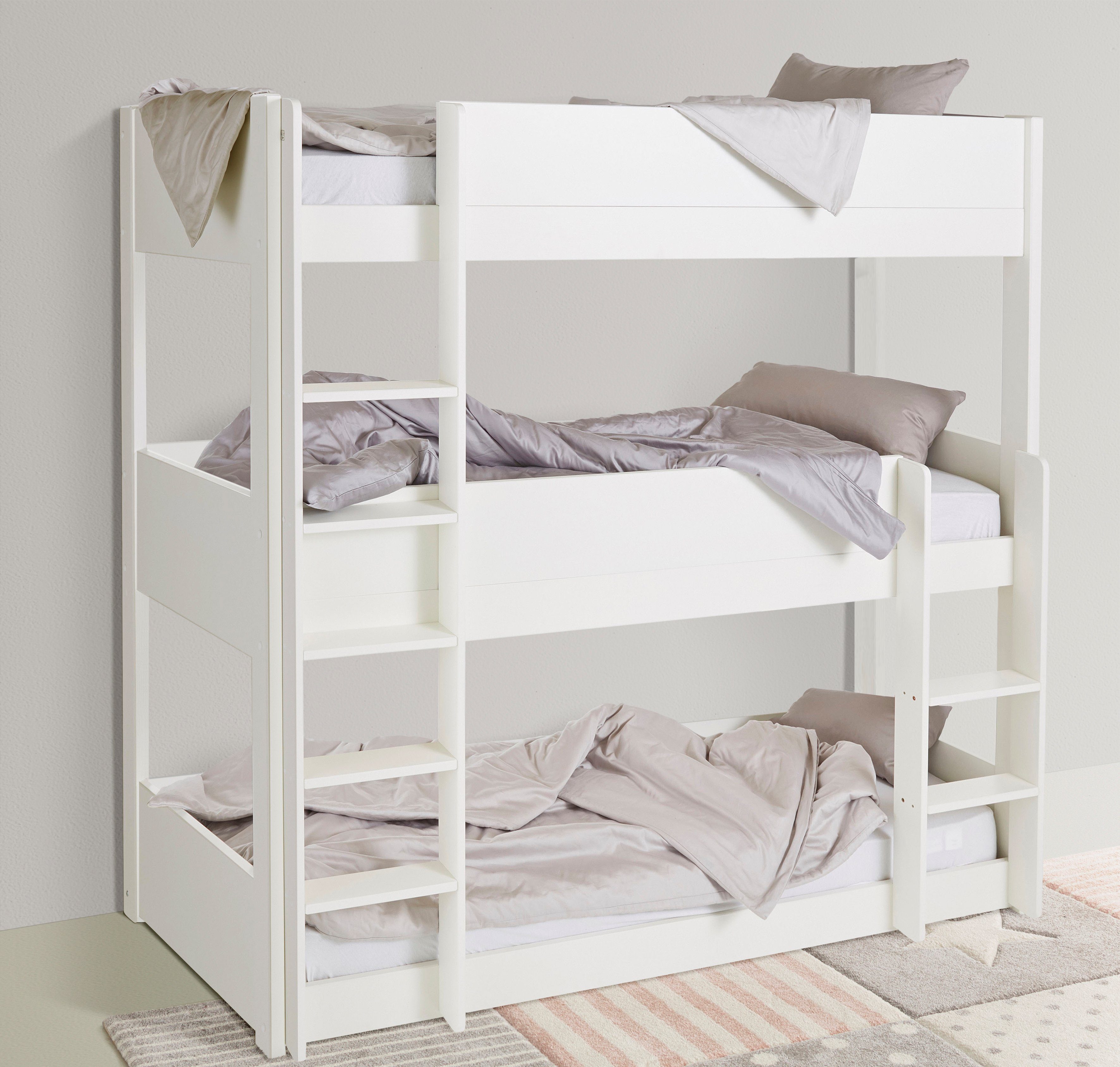 mit Kinder, für mit 3 kleine " zertifiziertes Schlafplätzen, (Kiefer) Lüttenhütt "TIPO Massivholz weiß Etagenbett Bodenbett BESTSELLER! Platzsparend, Stockbett