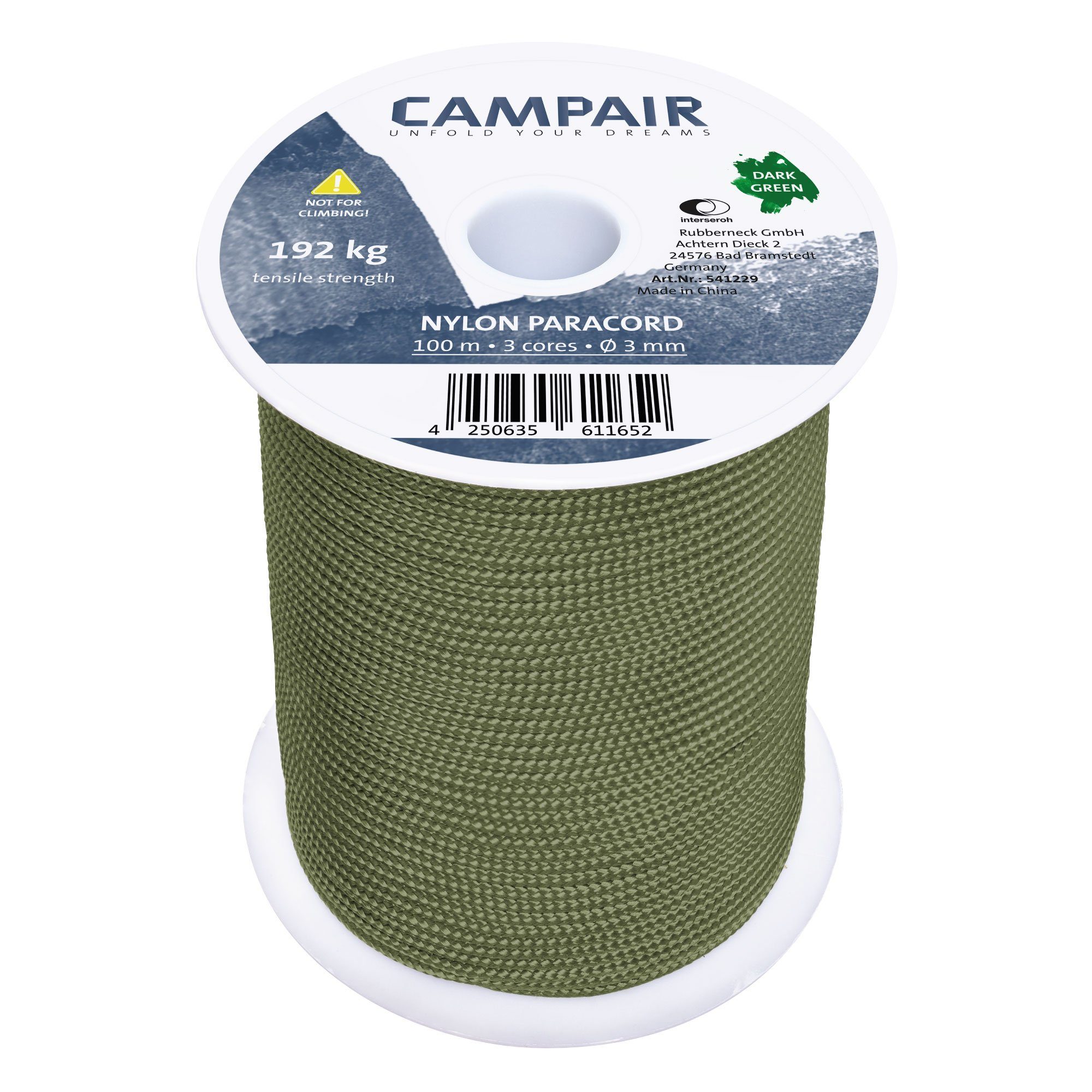 CAMPAIR 100m Paracord Seil aus 3mm Abspannleine reißfestem II Nylon 192 Type kg Max. 425 dunkelgrün