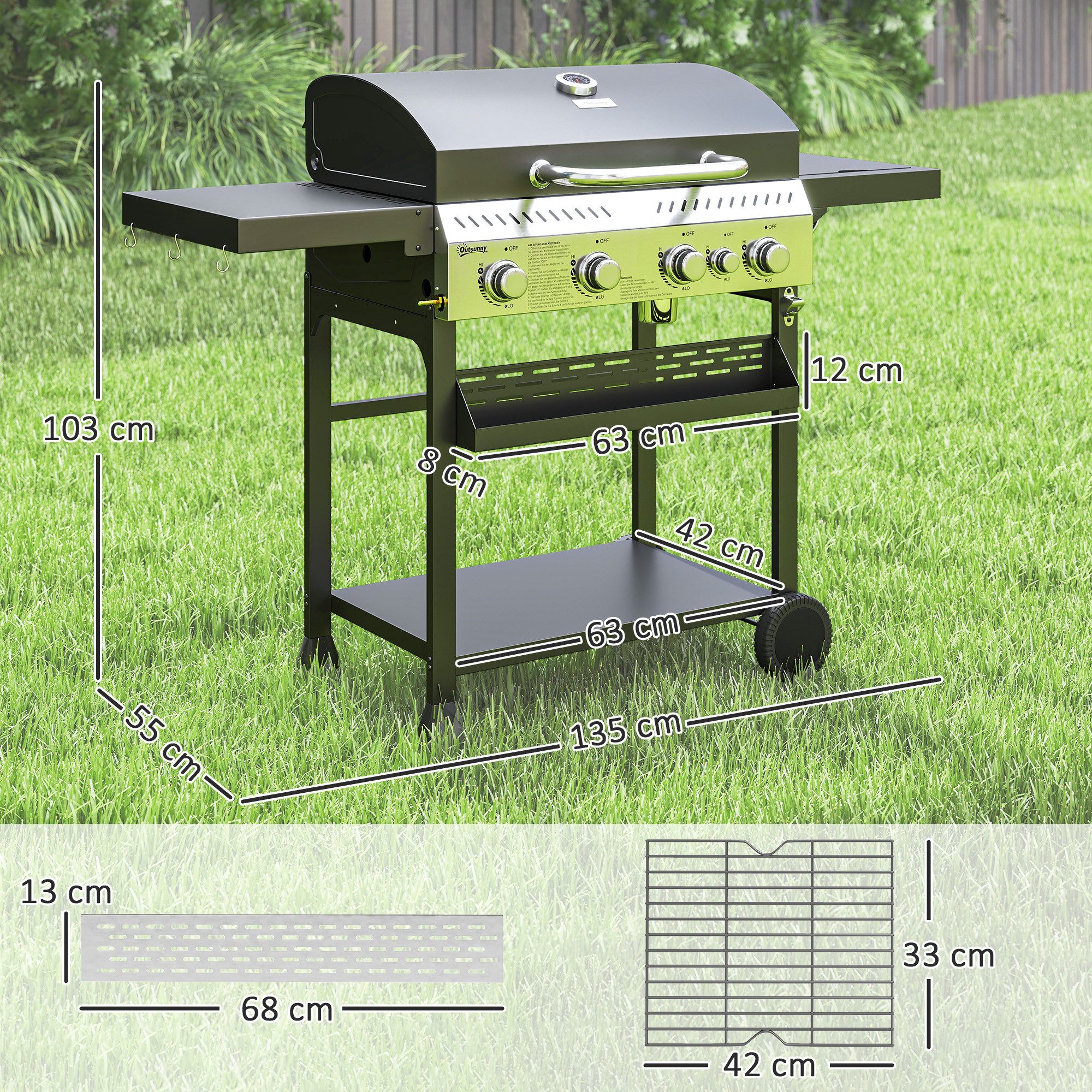 Outsunny Gasgrill inkl Seitenbrenner, Thermometer, Grillrost, Flaschenöffner, Gas-Grill 2,5 KW 4+1 Brenner, BBQ Grillwagen aus Edelstahl, für Balkon, Camping, 135 x 55 x 103cm