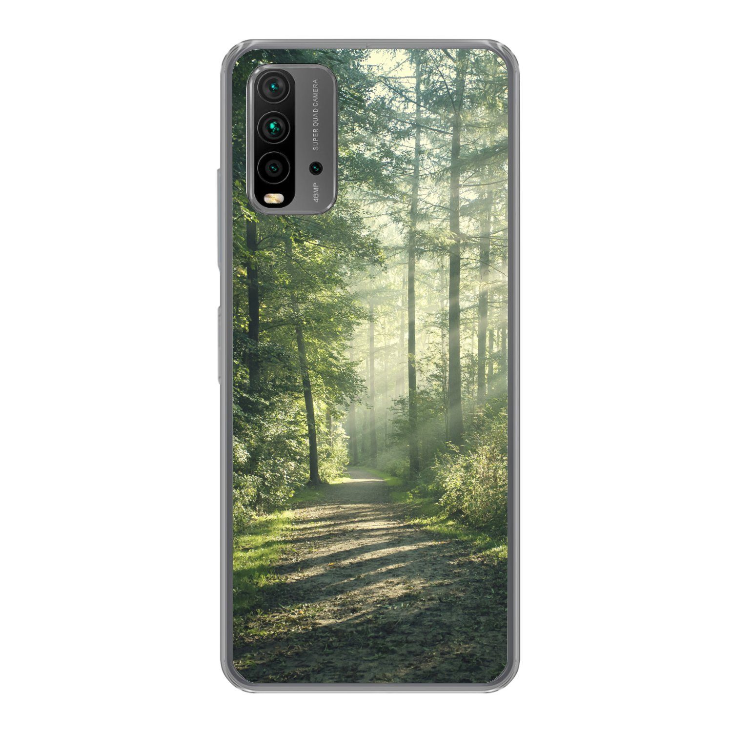 MuchoWow Handyhülle für Xiaomi Redmi 9T Wald - Weg - Sonne - Bäume - Grün - Natur, Phone Case, Silikon, Schutzhülle Dünn