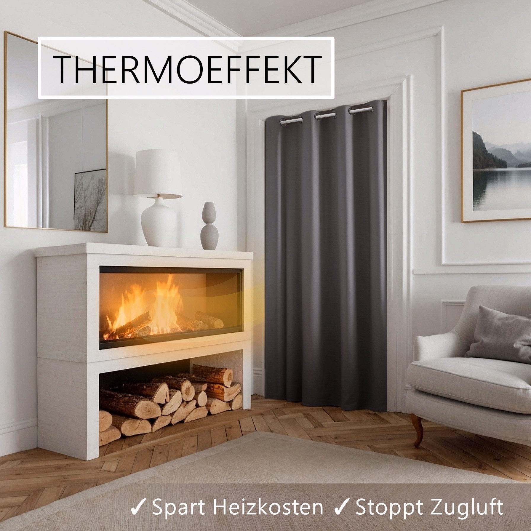 tinycurtains Türvorhang mit Stange weiß 55-90 cm ohne Bohren, Thermo Vorhang Tür, Ösen, abdunkelnd, Polyester, grau Nebula, Türgardine mit Klemmstange Raumtrenn – Bild 4 von 5