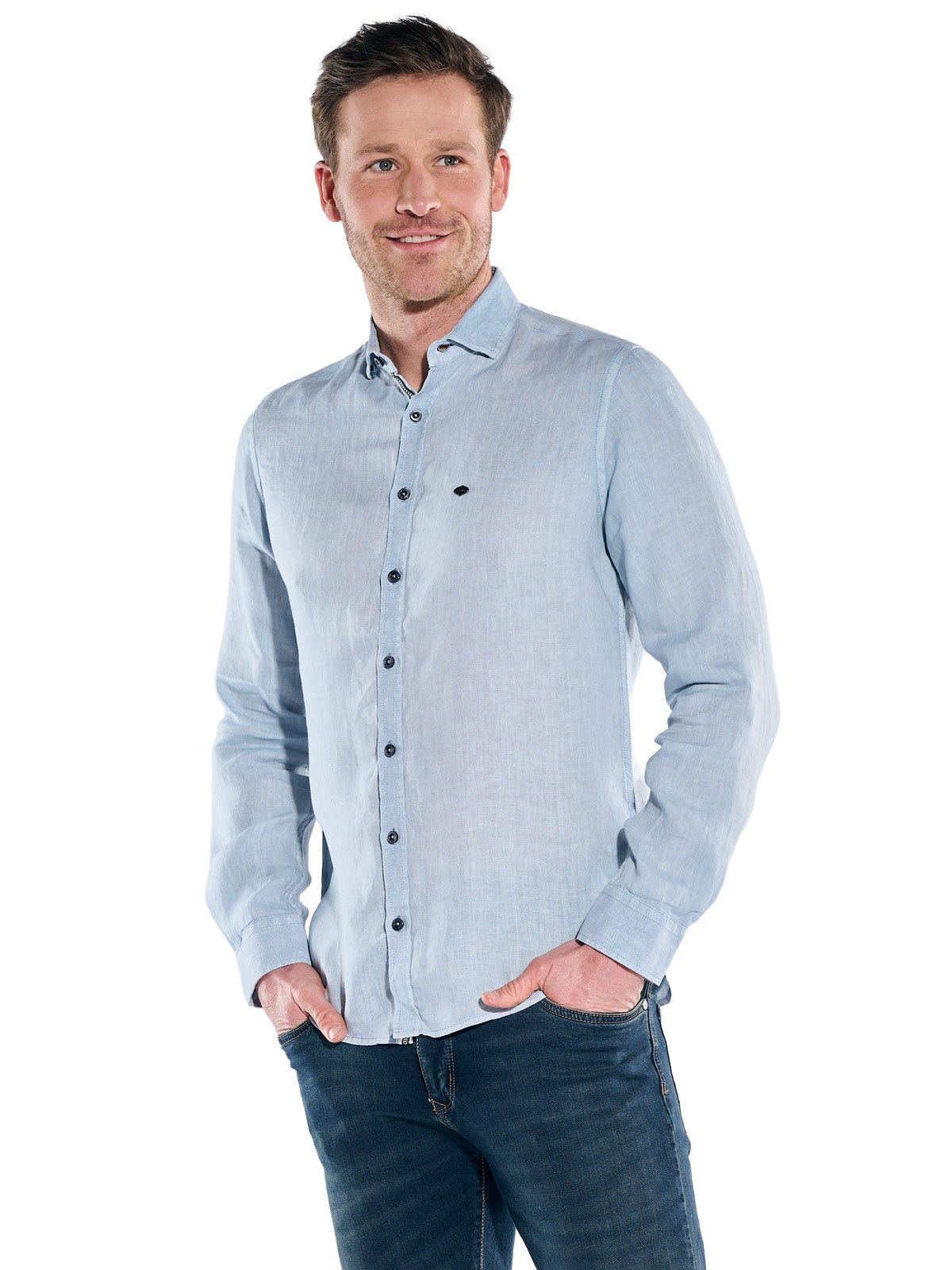 Engbers Langarmhemd Herren Leinenhemd mit gewaschener Optik, Hellblau
