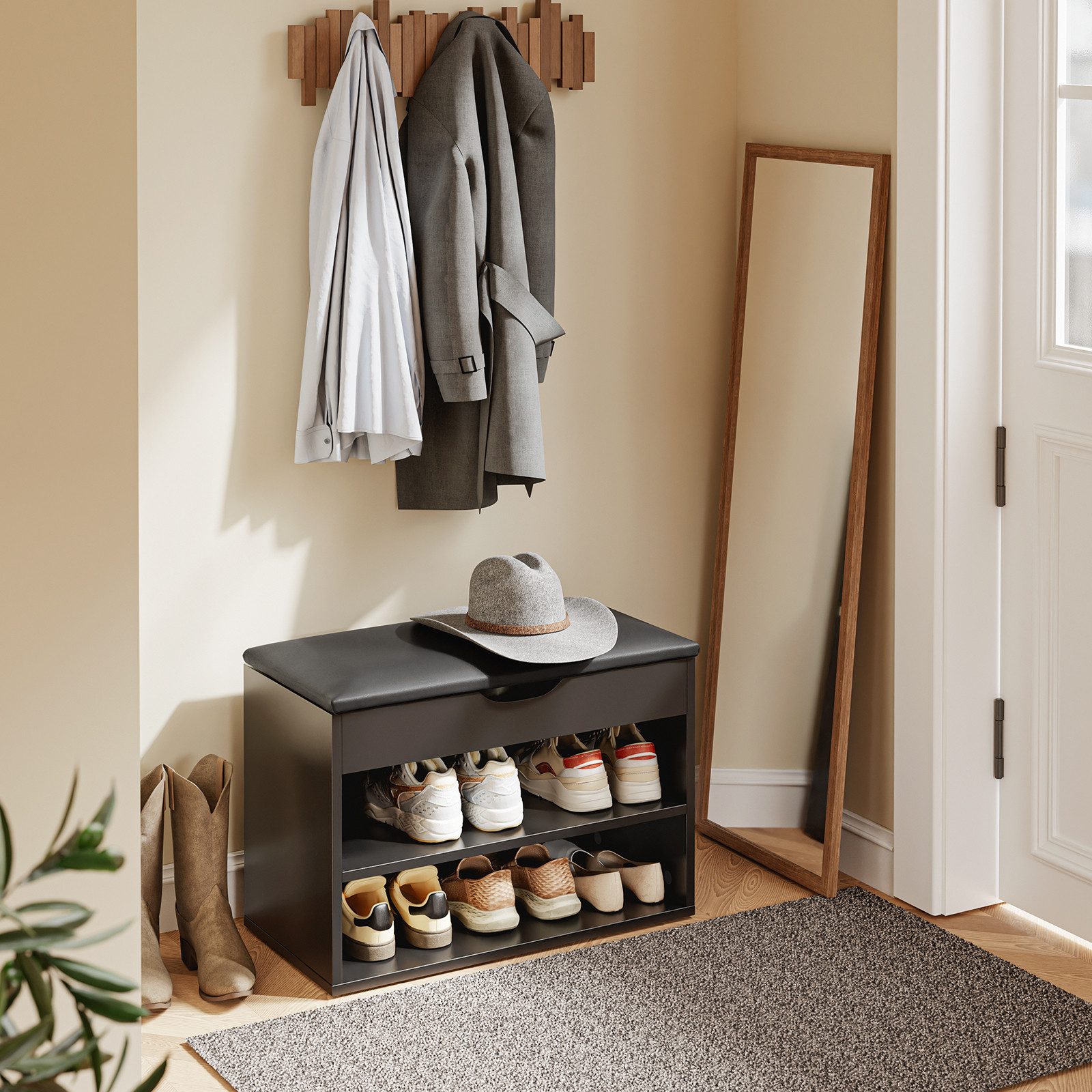 SoBuy Schuhbank FSR25, Schuhregal mit gepolstertem Kissen, Schuhorganizer, Sitzbank mit Stauraum Schuhregal Schuhtruhe mit Sitzfläche