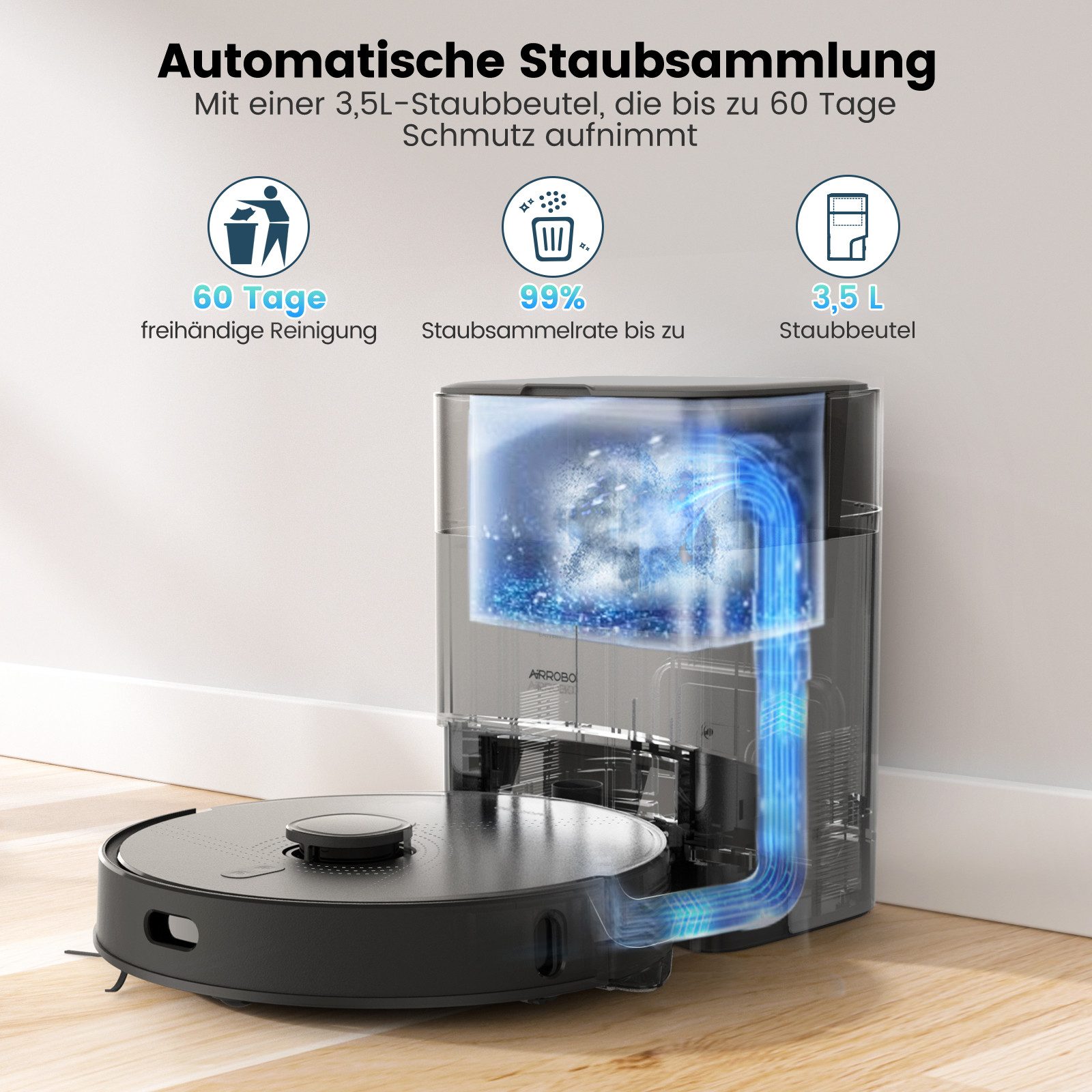 AIRROBO Saugroboter L40+ Roboterstaubsauger mit Wischfunktion und Absaugstation, 50 W, 5500 Pa Saugkraft, 75 Tage freihändige Reinigung, USLAM LiDAR-Navigation, 3-in-1 Saugen & Wischen, 180 Min. Laufzeit