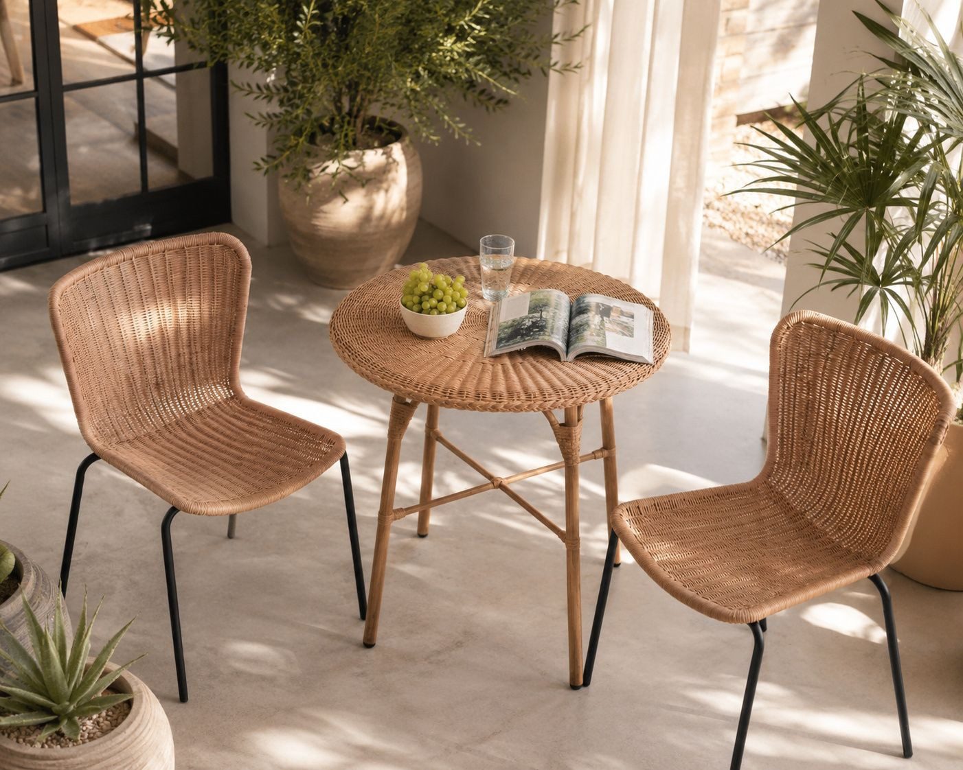 Vintagehaus Balkonset Bistro Set Outdoor Set Rattan Esstisch 80 Ø Cabana + 2 Vela Stühle