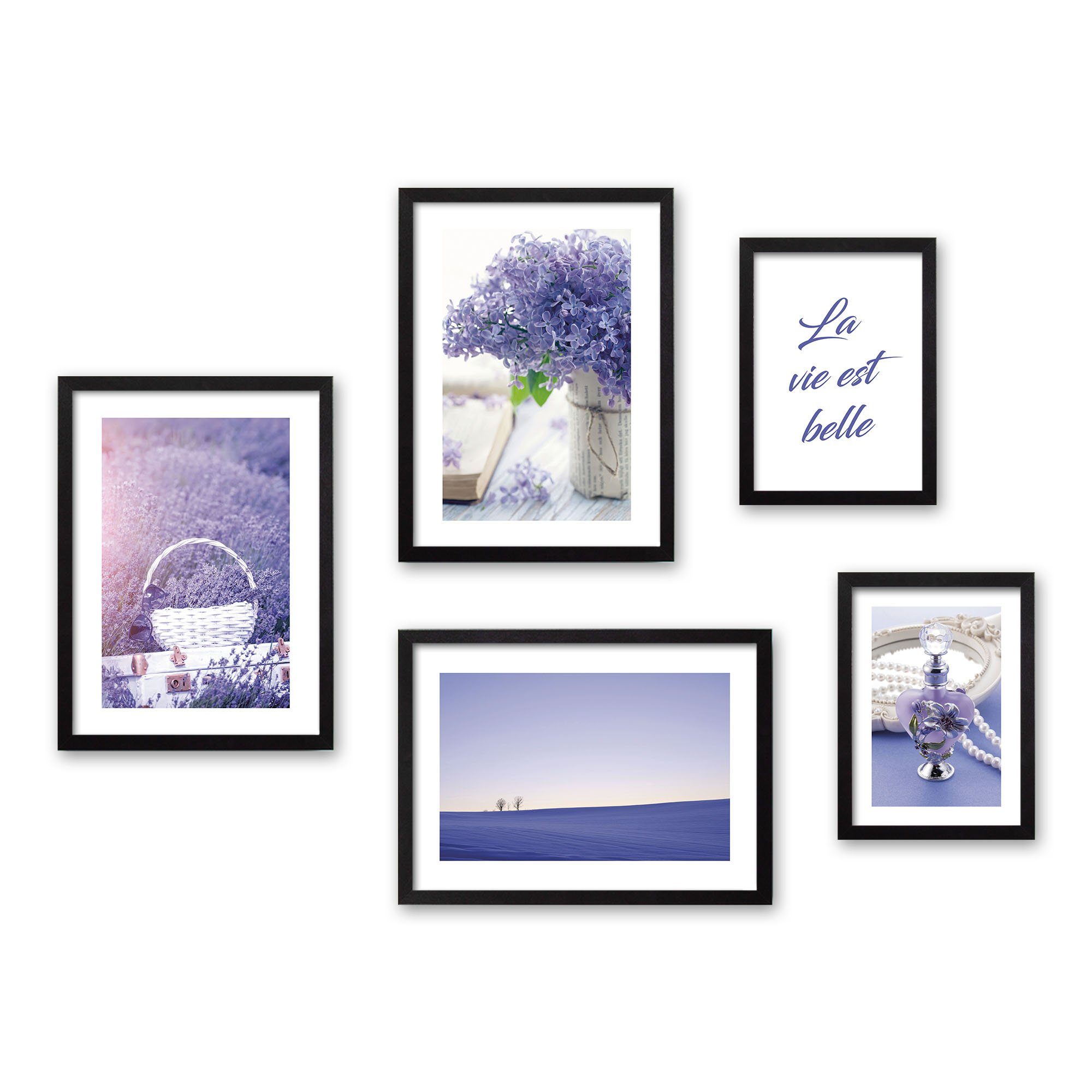 Kreative Feder Poster, Lavendel, lila, Landschaft, Natur, Blüte, Blume (Set, 5 St), 5-teiliges Poster-Set, Kunstdruck, Wandbild, Posterwand, Bilderwand, optional mit Rahmen, WP608