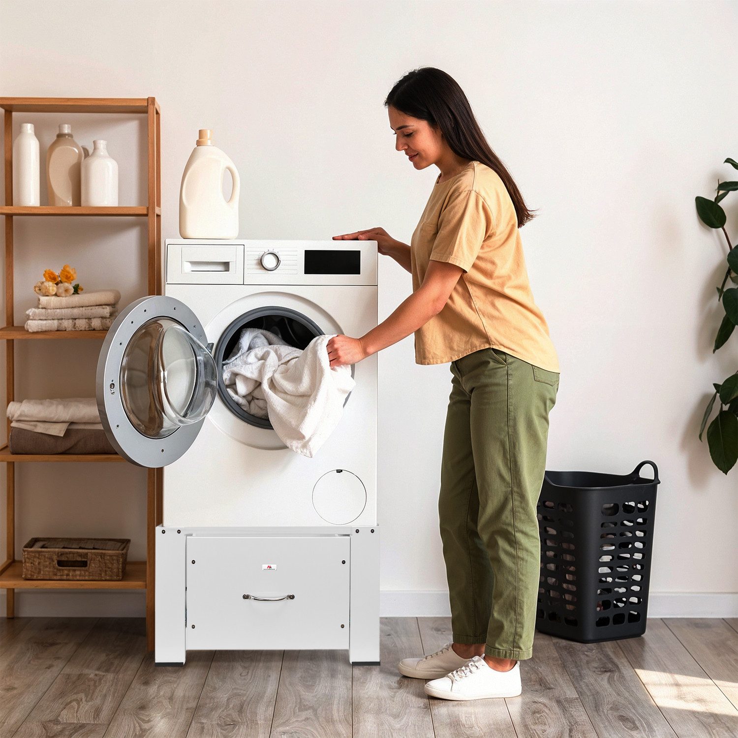 Maclean Waschmaschinenuntergestell MC-117 W Waschtrocknersockel mit Schublade, Sockel für Waschmaschine / Trockner max. Belastung 150kg