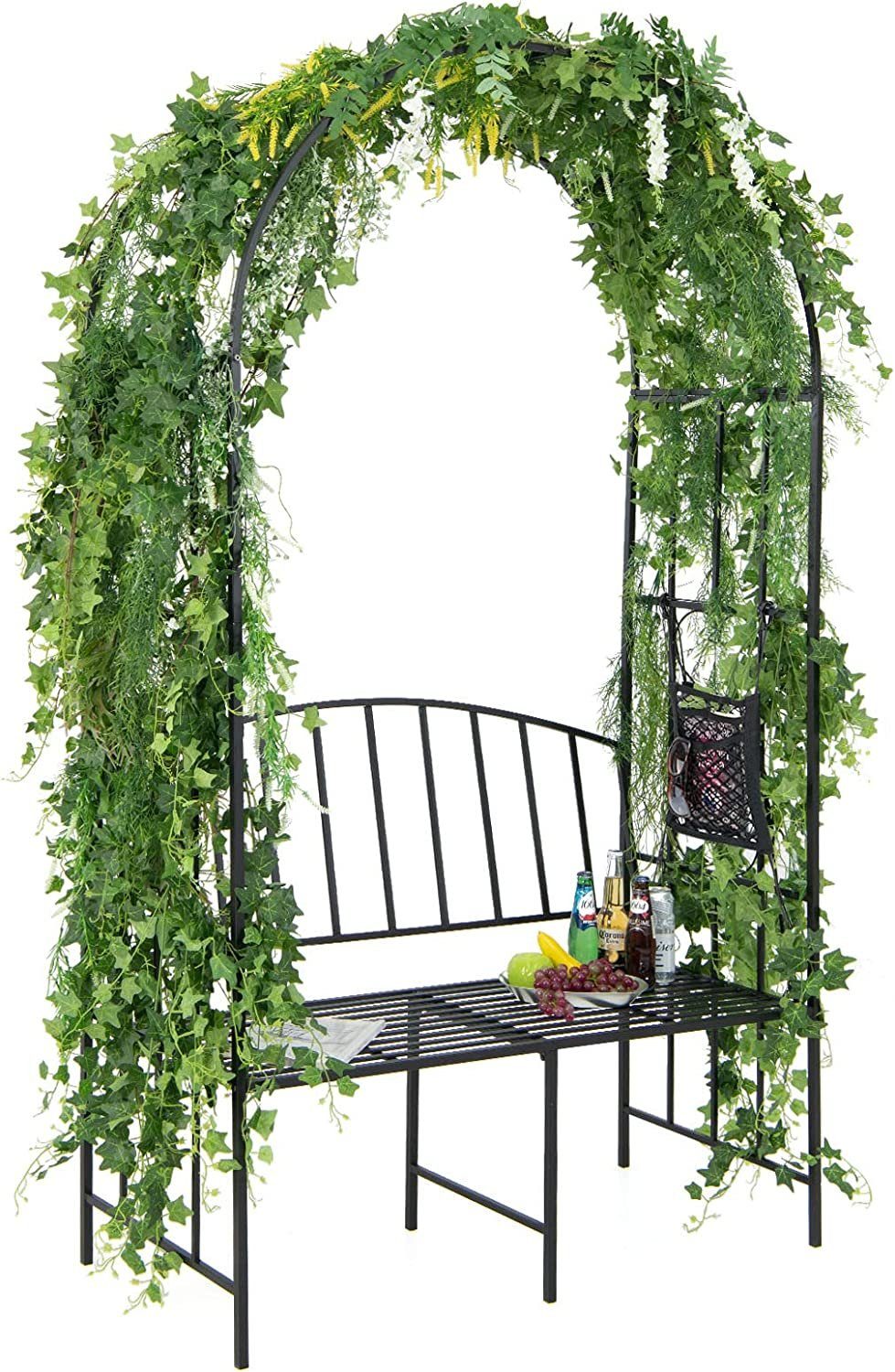COSTWAY Rosenbogen, mit Bank & Aufbewahrungstasche, Metall, 206x116x51cm