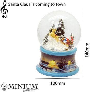 MINIUM-Collection Schneekugel Weihnachtsmann im Rentierschlitten auf Sockel blau Spieluhr 10 cm