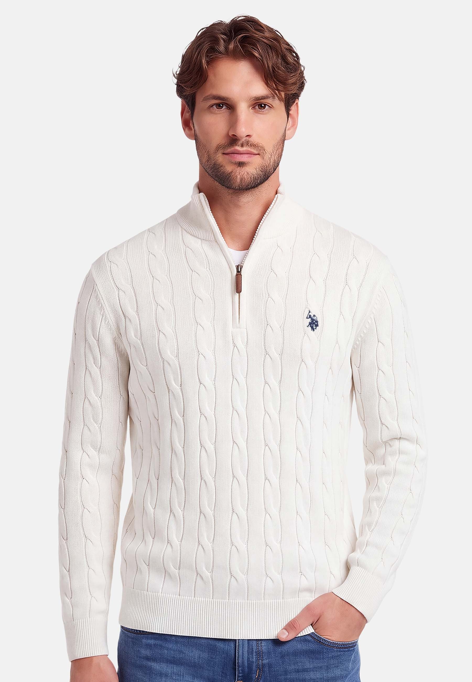 U.S. Polo Assn. Rundhalspullover Herren Halfzip Pullover mit Zopfmuster und Stehkragen 100% Baumwolle, weich, klassischer Zopfstrick-Look mit Half-Zip