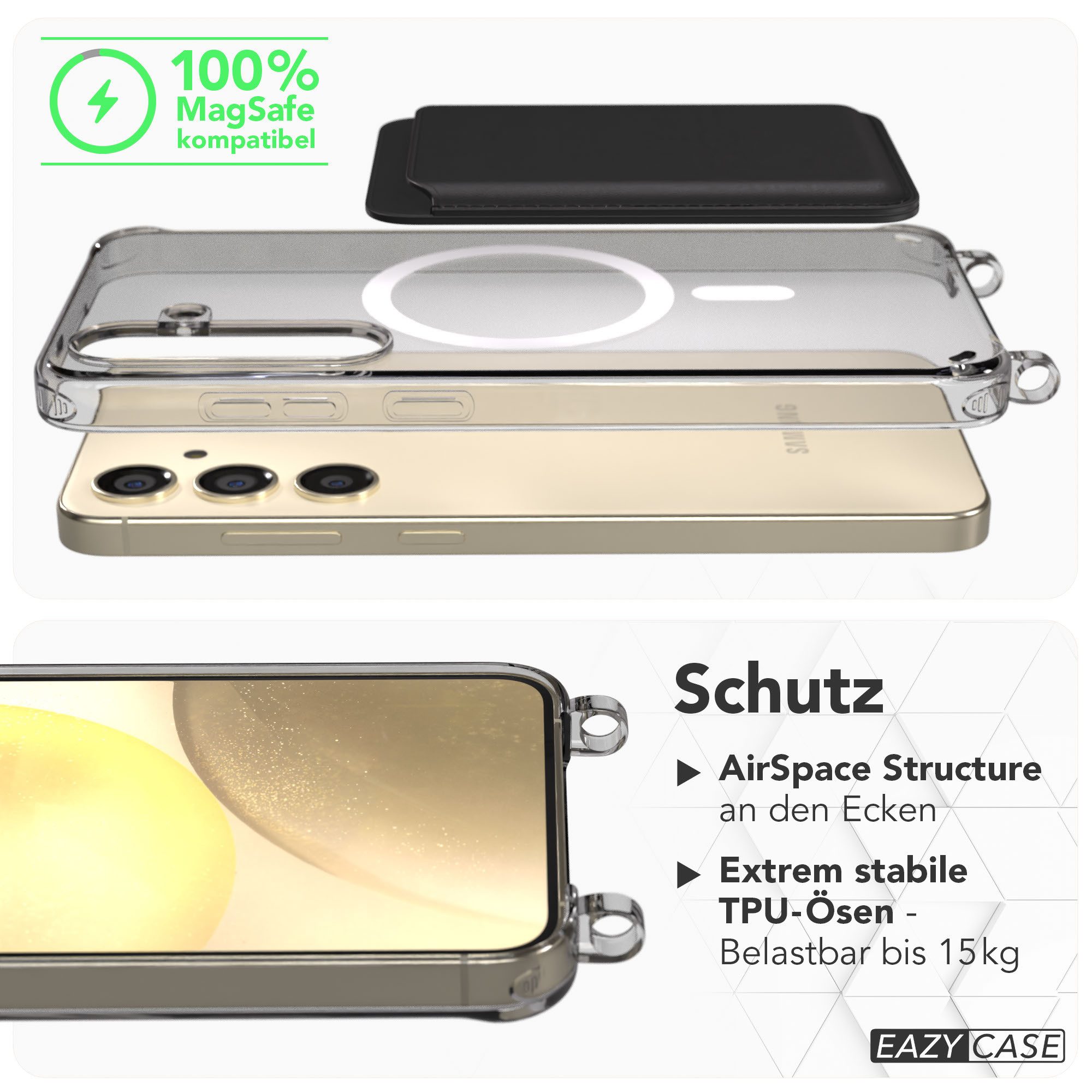 EAZY CASE Handykette MagSafe Handyhülle für Handyketten Samsung Modelle 6,7 Zoll, MagSafe Silikonhülle mit Ösen, Transparent für Samsung Galaxy S24 Plus