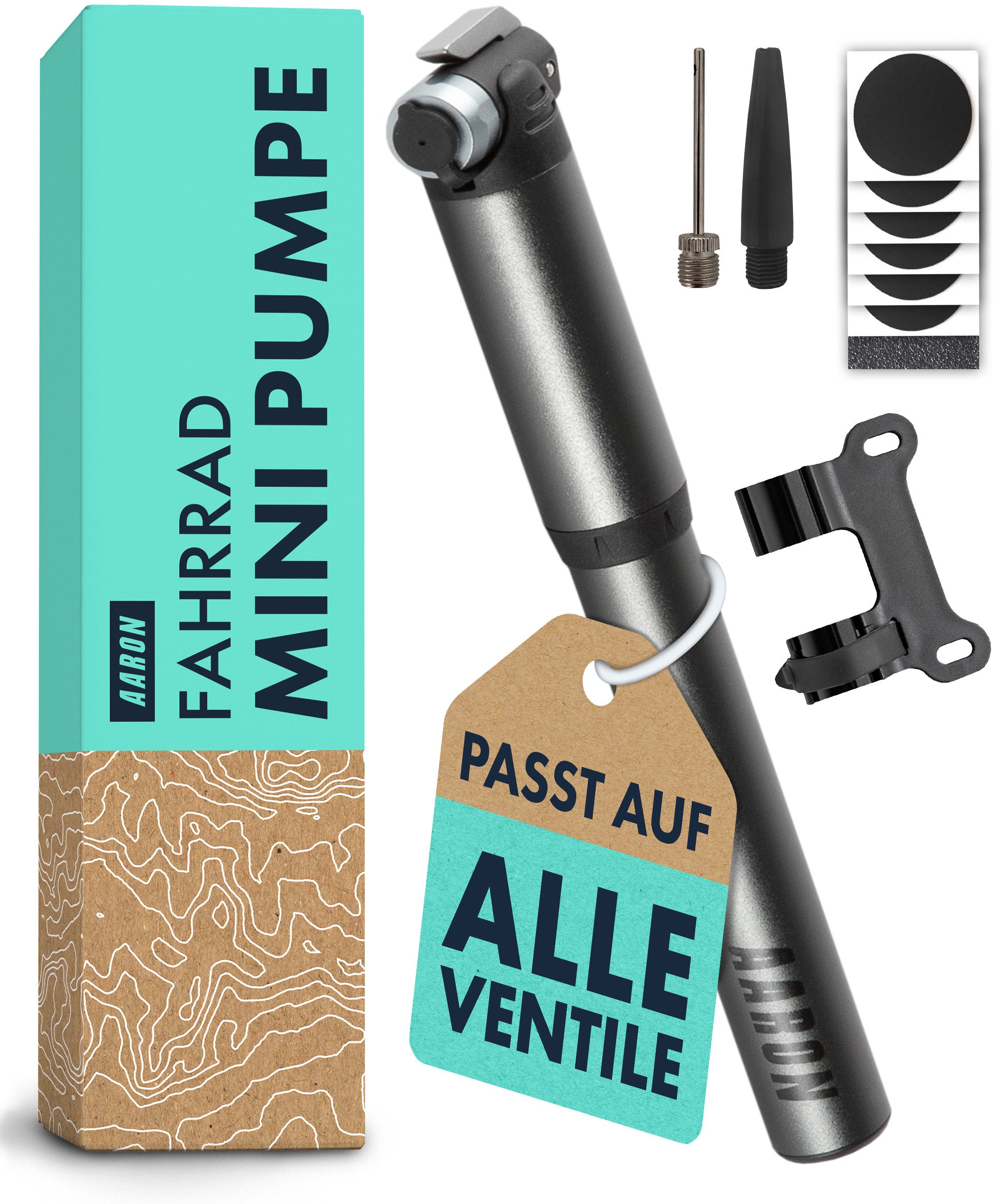 AARON Minipumpe Pocket One Mini Fahrrad Pumpe für Presta Blitz und Schrader Ventil