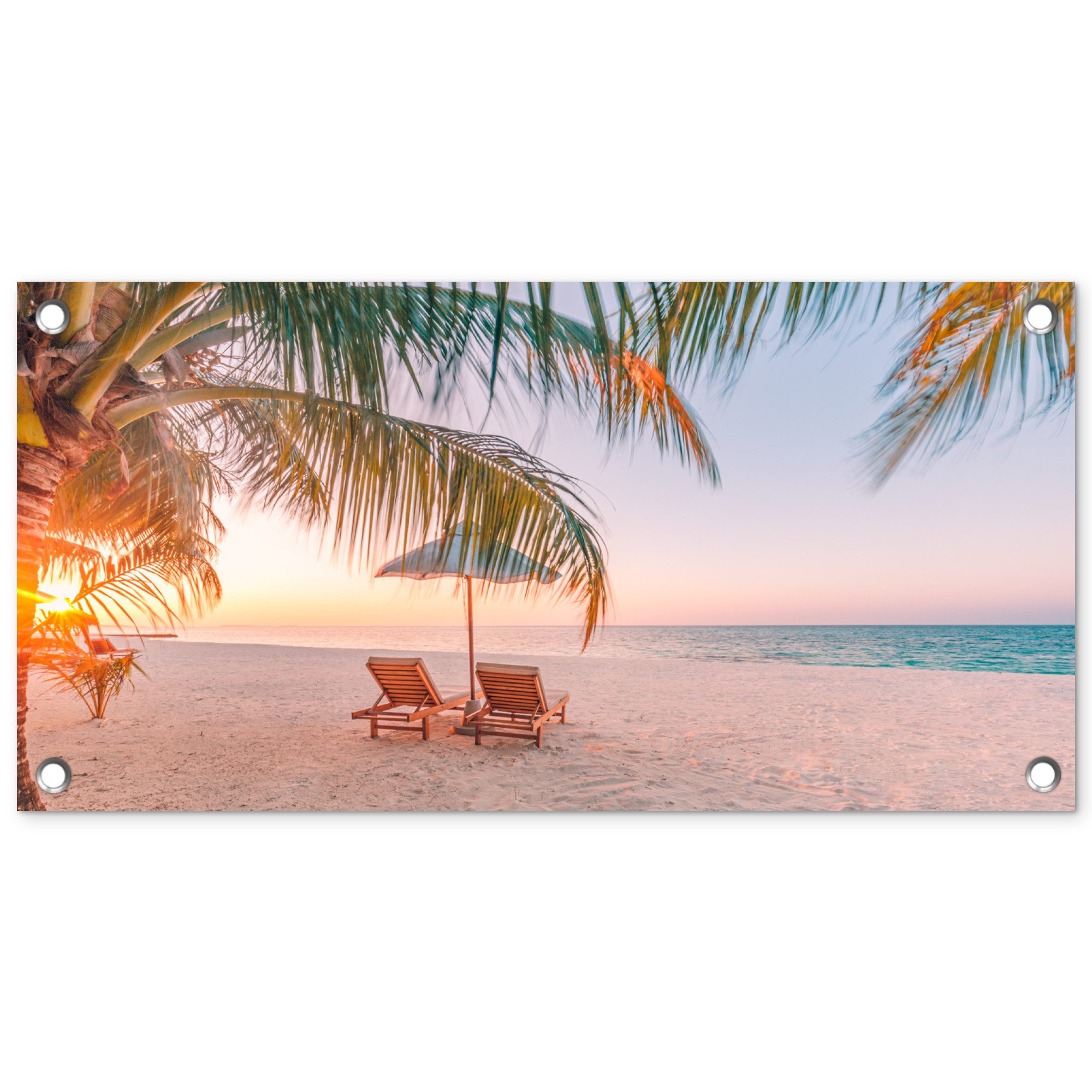 OnlyWow Poster für Garten Strand - Palmen - Sonnenschirm, Gartenposter, Outdoor Bilder, Wetterfest, Garten Deko, 60x30 cm