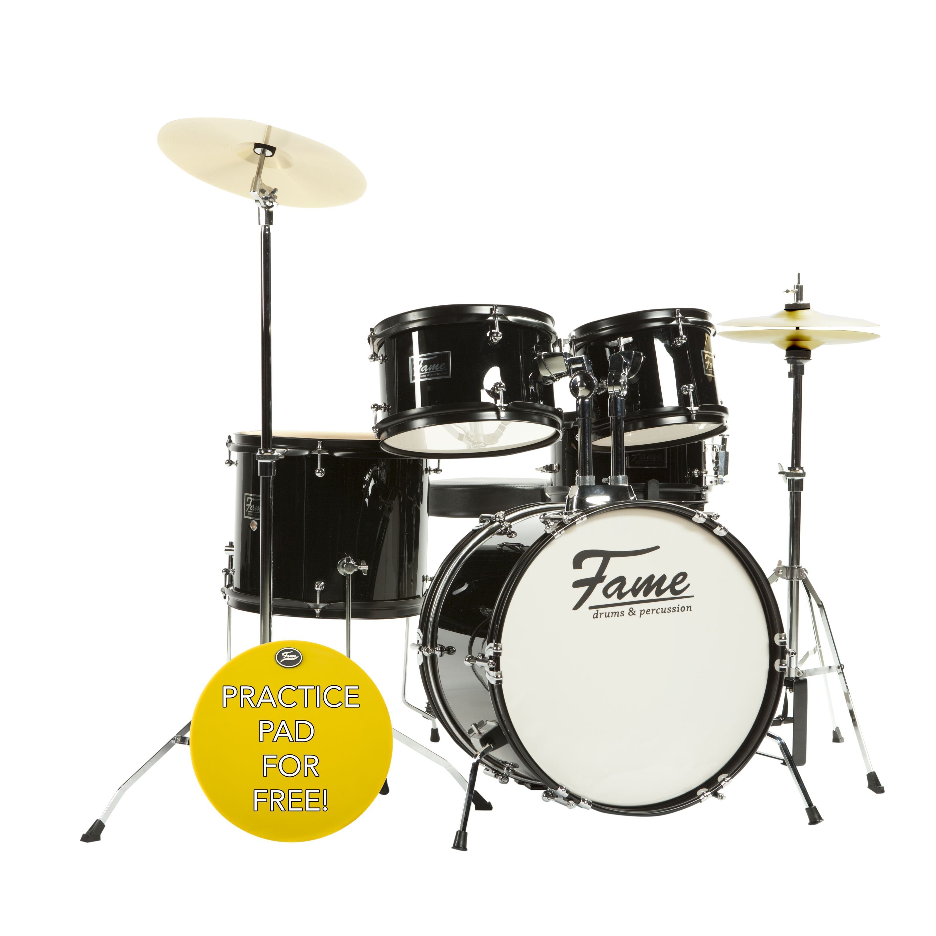 FAME Schlagzeug, Kiddyset 5 PC Junior Drumset Black, Kinderschlagzeug mit  Bass Drum, Toms, Snare, Hardware und Hocker, von 3 -10 Jahren, mit Zubehör  und Drumsticks