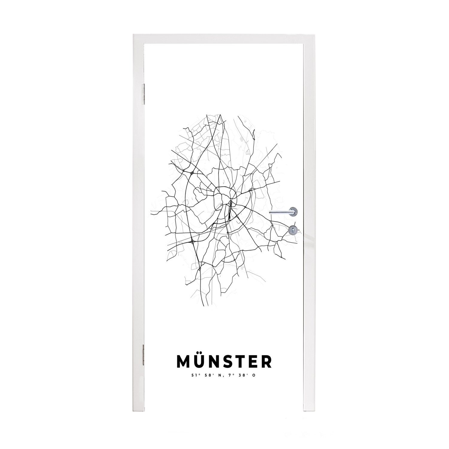 MuchoWow Türtapete Deutschland - Münster - Stadtplan - Karte - Schwarz-weiß - Karte, Matt, bedruckt, (1 St), Fototapete für Tür, Türaufkleber, 75x205 cm