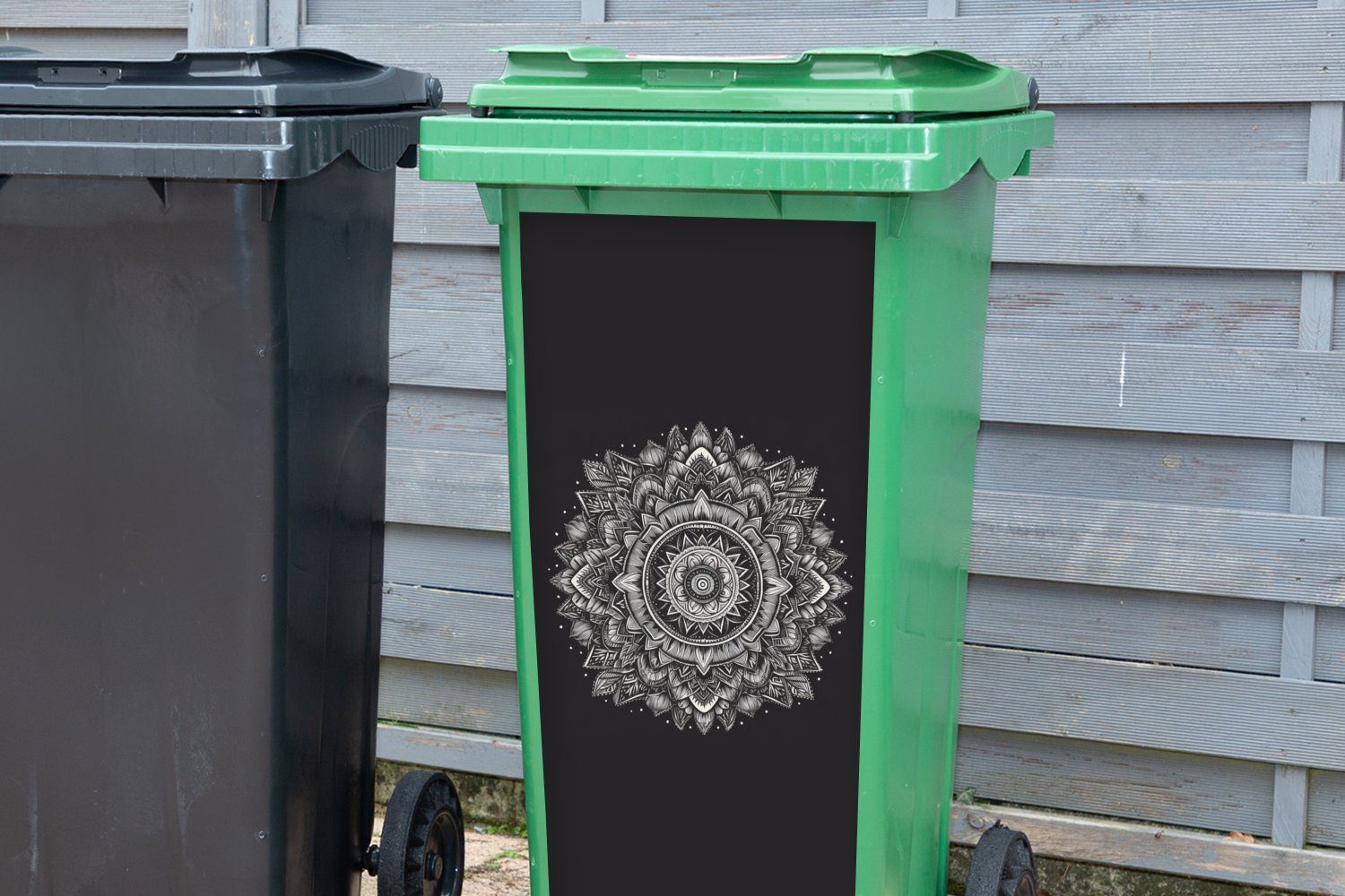 Mülltonne, - Abfalbehälter Mülleimer-aufkleber, Mandala Böhmisch - St), Natur Wandsticker - MuchoWow - weiß Sticker, und (1 Container, Schwarz Blumen