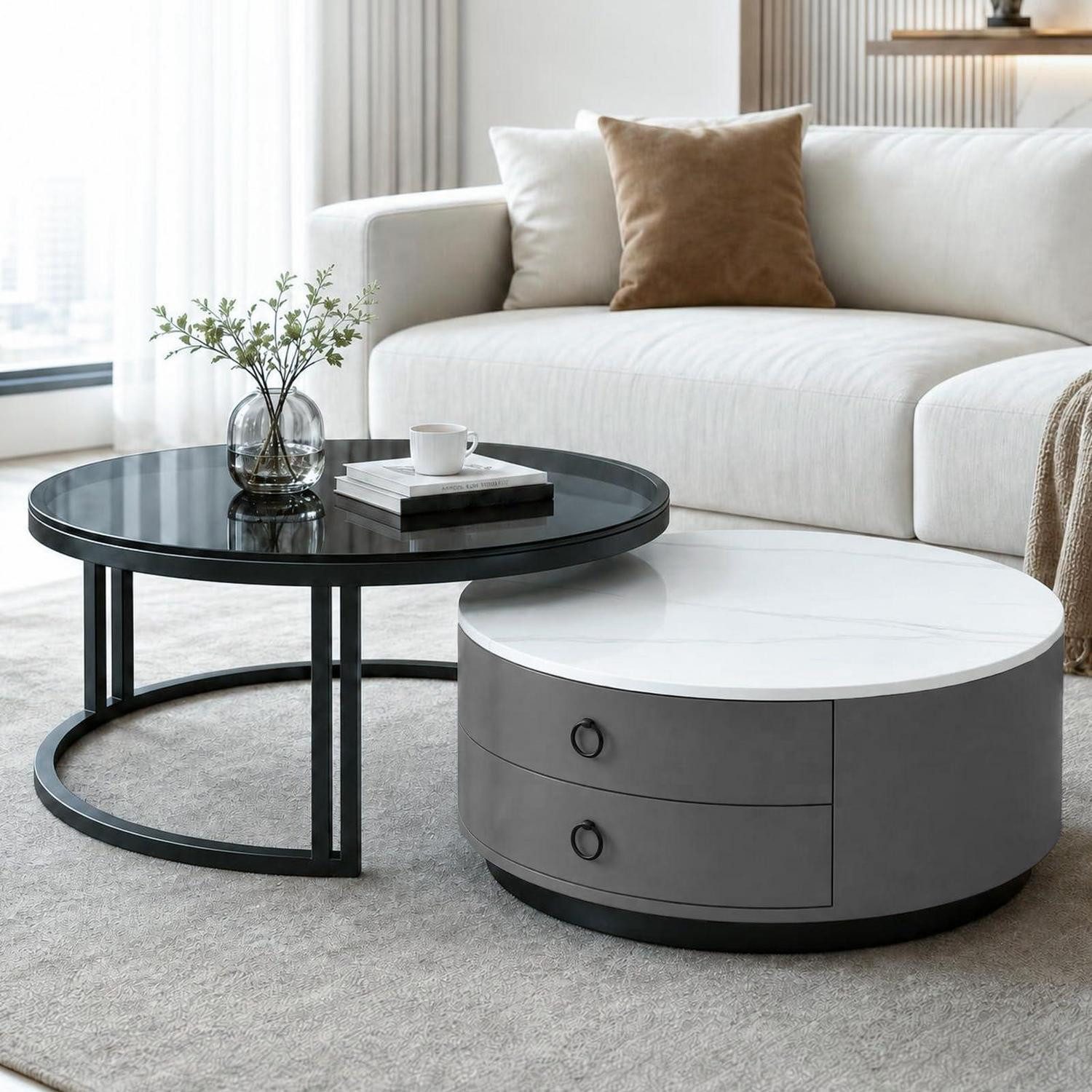 LuxusKollektion Couchtisch Couchtisch Set rund weiß/grau (1-St)