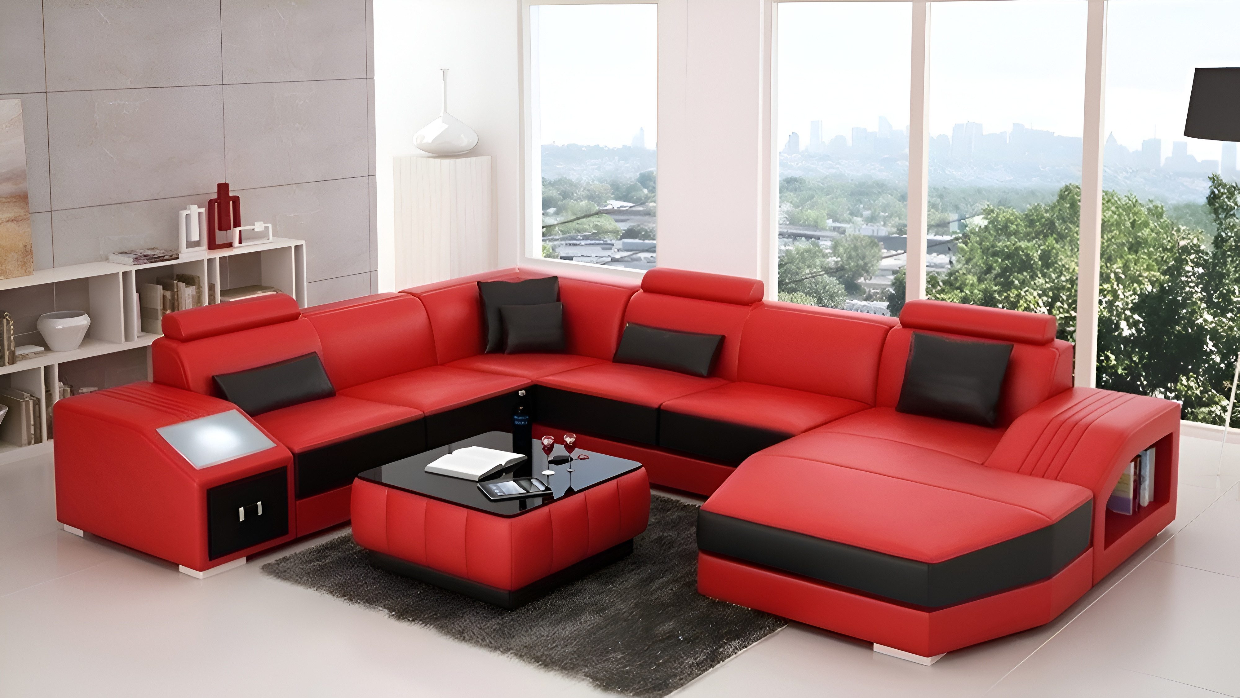 Wohnlandschaft Rotes Leder Ecksofa Garnitur Couch Polster Sitzfläche