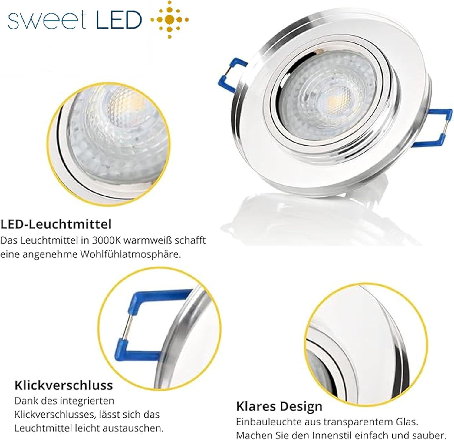 Sweet LED LED Einbaustrahler 3er SET Glas GU10 7W 230V 3000K 530lm LED Deckenspots Transparent Rund, 3000K, Warmweiß, Deckenspots, Ø 90 mm, Einbauleuchten