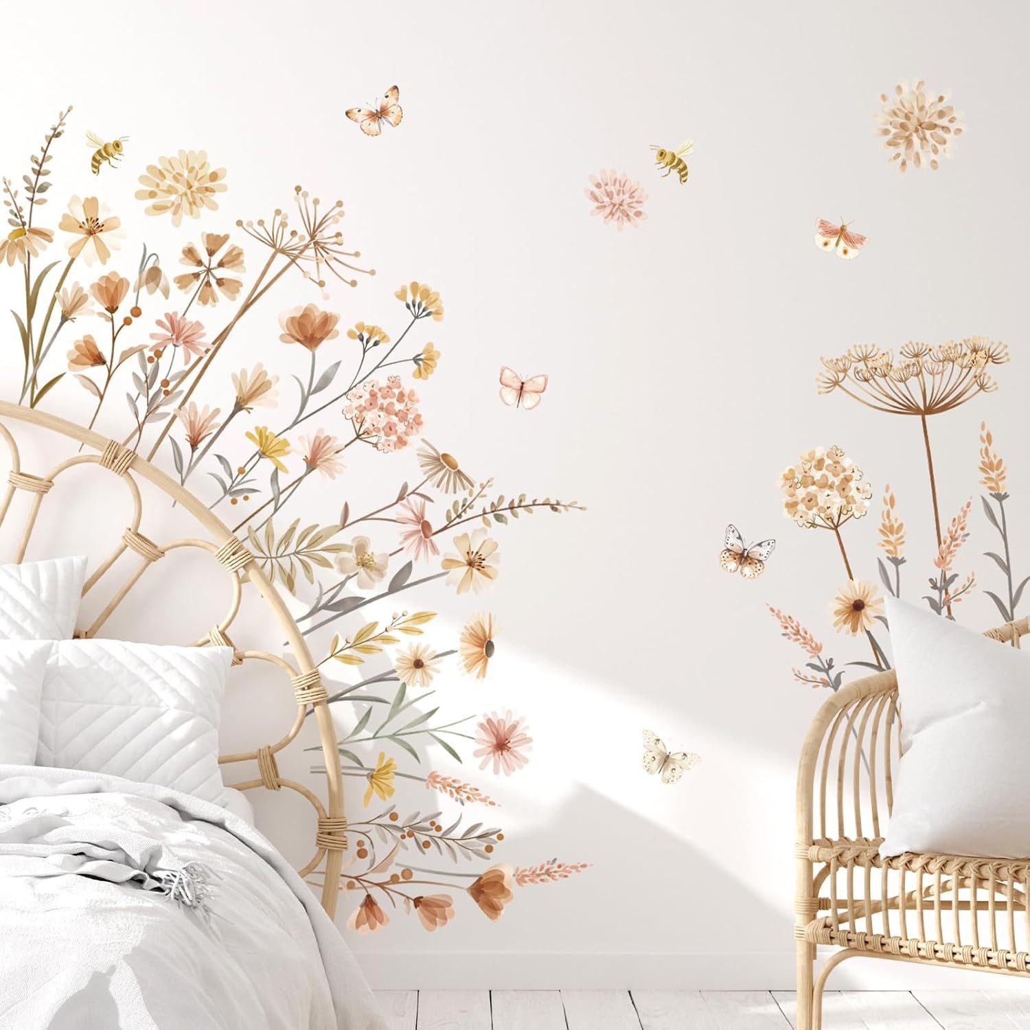 FOUORTUNATE-BEE Fenstersticker Boho-Wandsticker mit Wildblumen, Schmetterlingen und Pusteblumen, Dekorative Wandaufkleber für Schlafzimmer, Wohnzimmer und Sofa