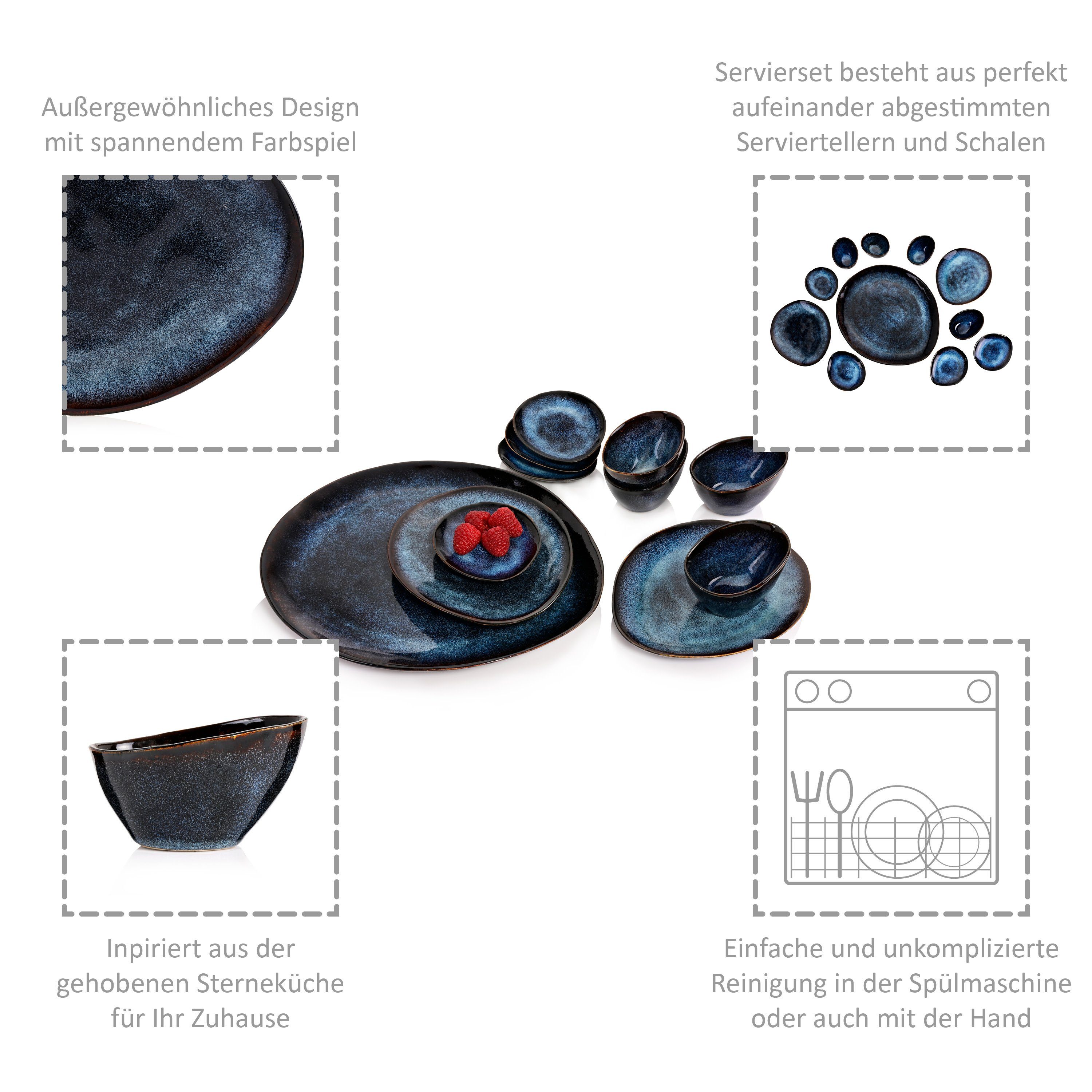 SÄNGER Servier-Set Tokio, Steingut, (11-tlg), Blau Schwarz, Handmade, Premium Collection