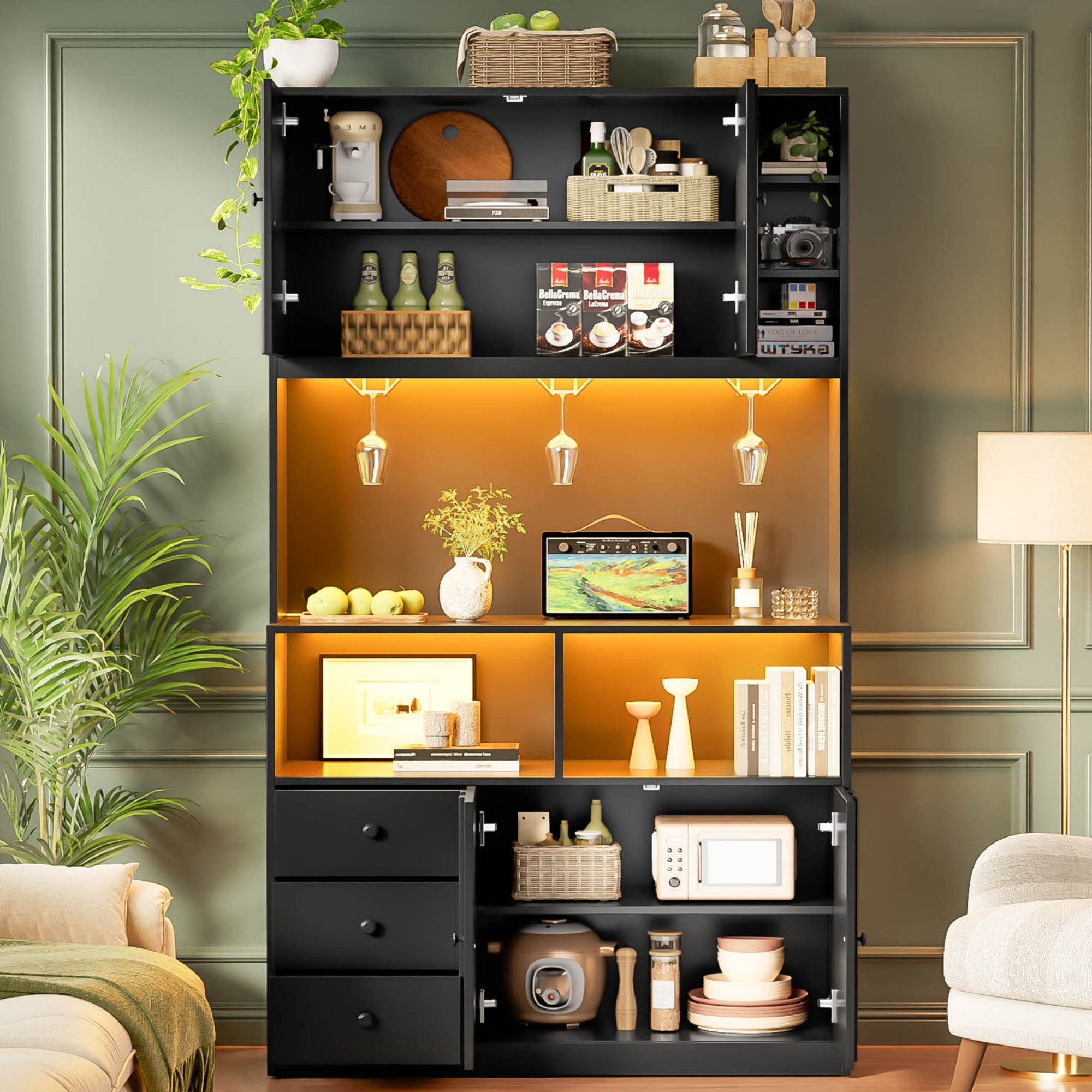 Flieks Küchenbuffet Hochschrank mit LED-Beleuchtung, Steckdose, Gläserhalter Landhausstil (B100/T40/H180 cm, 1-St) Küchenschrank Mehrzweckschrank mit verstellba – Bild 3 von 5