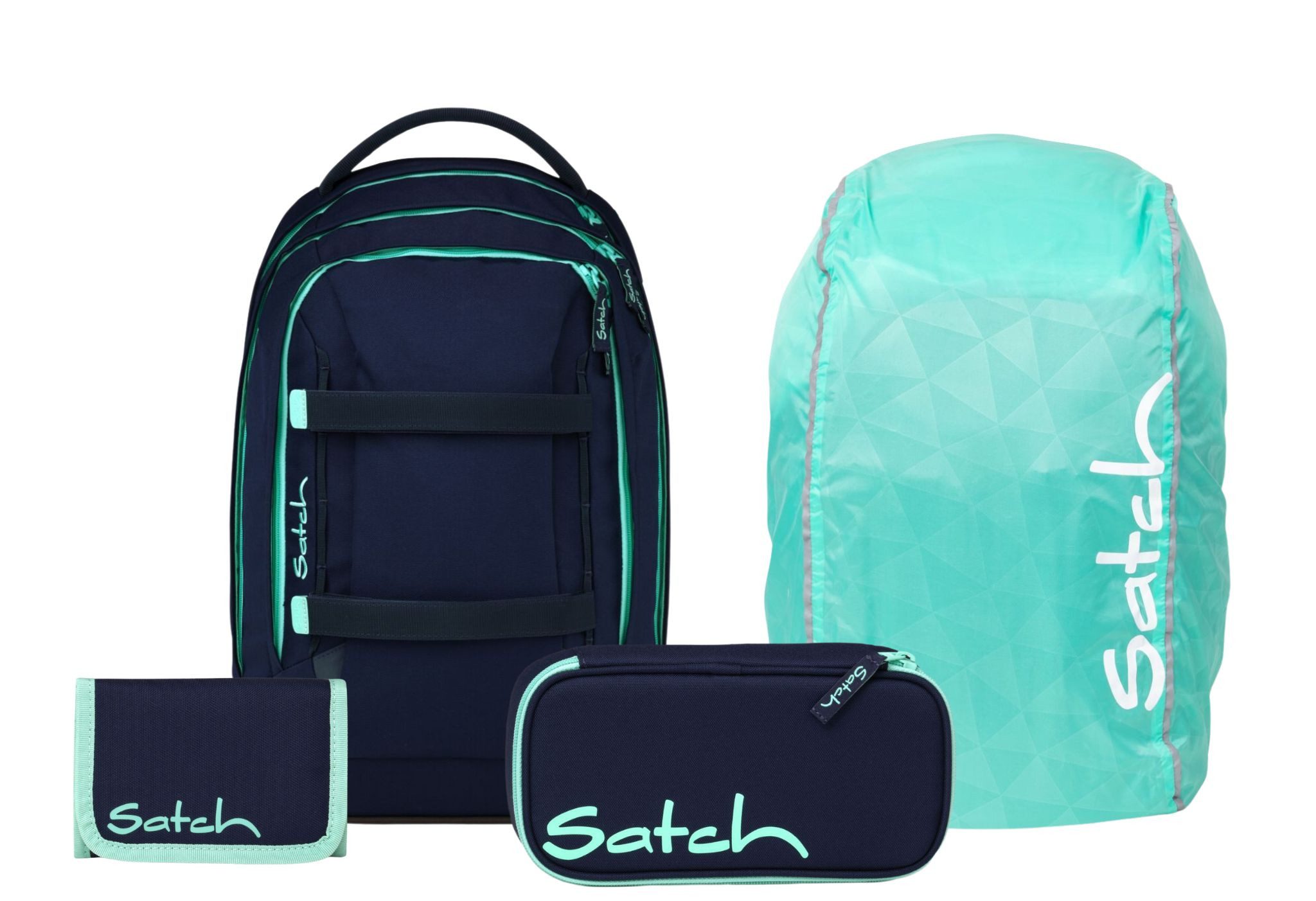 Satch Schulranzen Schulrucksack-Set PACK Ocean Mint 4-teilig (4-teilig), ergonomisch, Your-Size-System, 5 Fächer