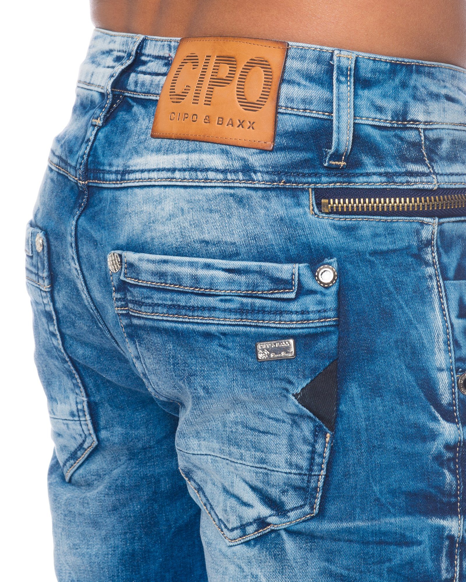 Cipo & Baxx Slim-fit-Jeans Herren Jeans hose mit modischem Design und Stretch Freizeithose mit farbigem Stoff an den Münztaschen – Bild 4 von 5