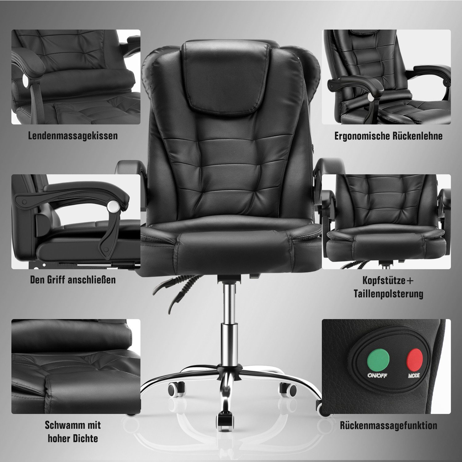 oyajia Bürostuhl Ergonomischer Bürostuhl Massage Chefsessel Drehstuhl Gaming Büro Stuhl, Drehsessel mit verstellbare Lendenkissen, Kopfkissen und Armlehnen – Bild 5 von 5