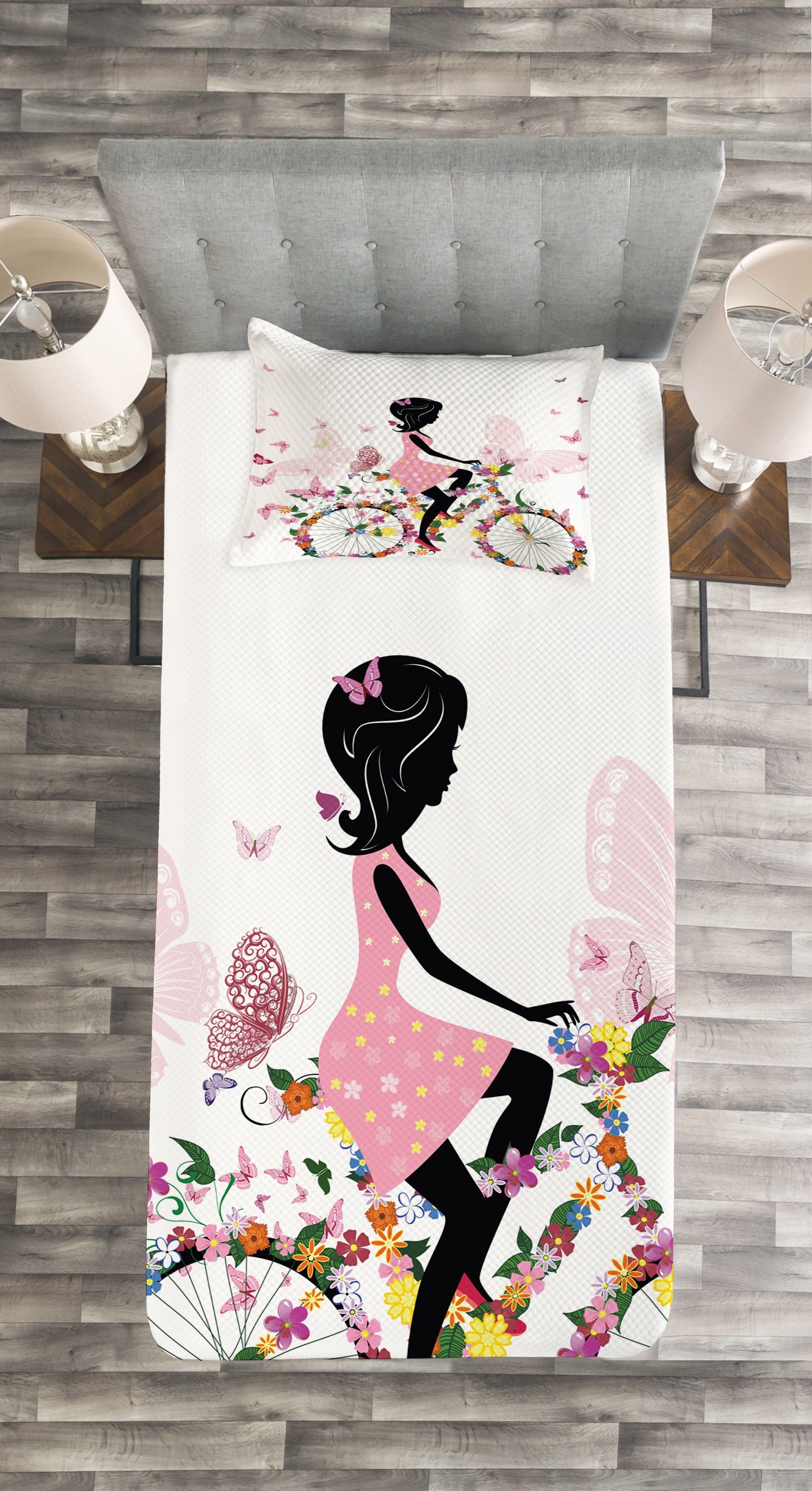 mit Fahrrad Blumen Tagesdecke Mädchen Schmetterlinge Abakuhaus, Waschbar, Set Kissenbezügen