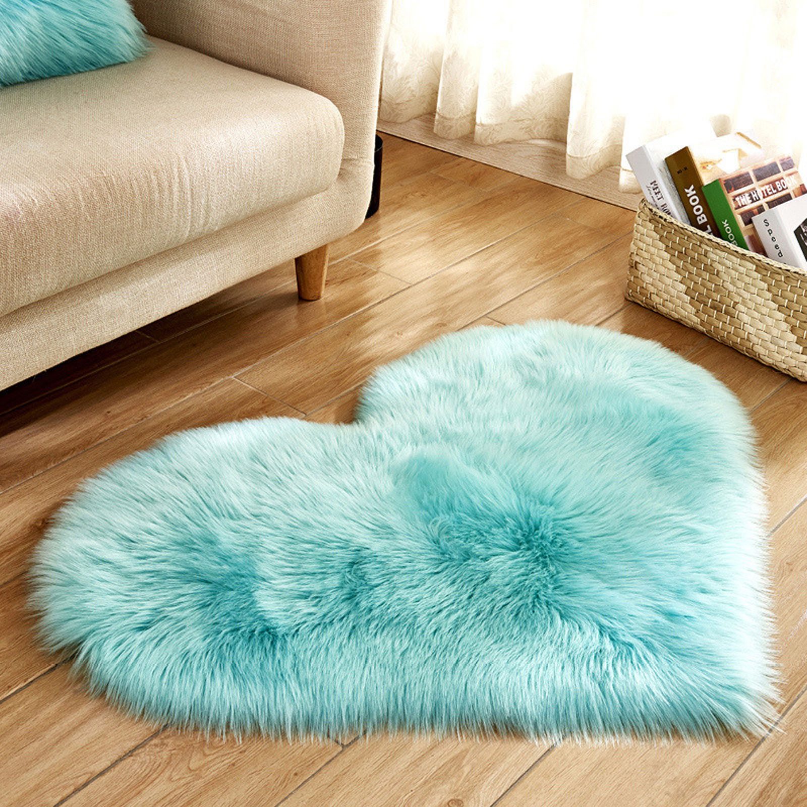 Jibenhome Hochflor-Teppich Herzförmiger Fellteppich,Kunstfell Schaffell,Hochflor Shaggy Teppiche, Blau,70 cm x 90 cm, Höhe: 60 mm, Bodenteppich, Waschbarer