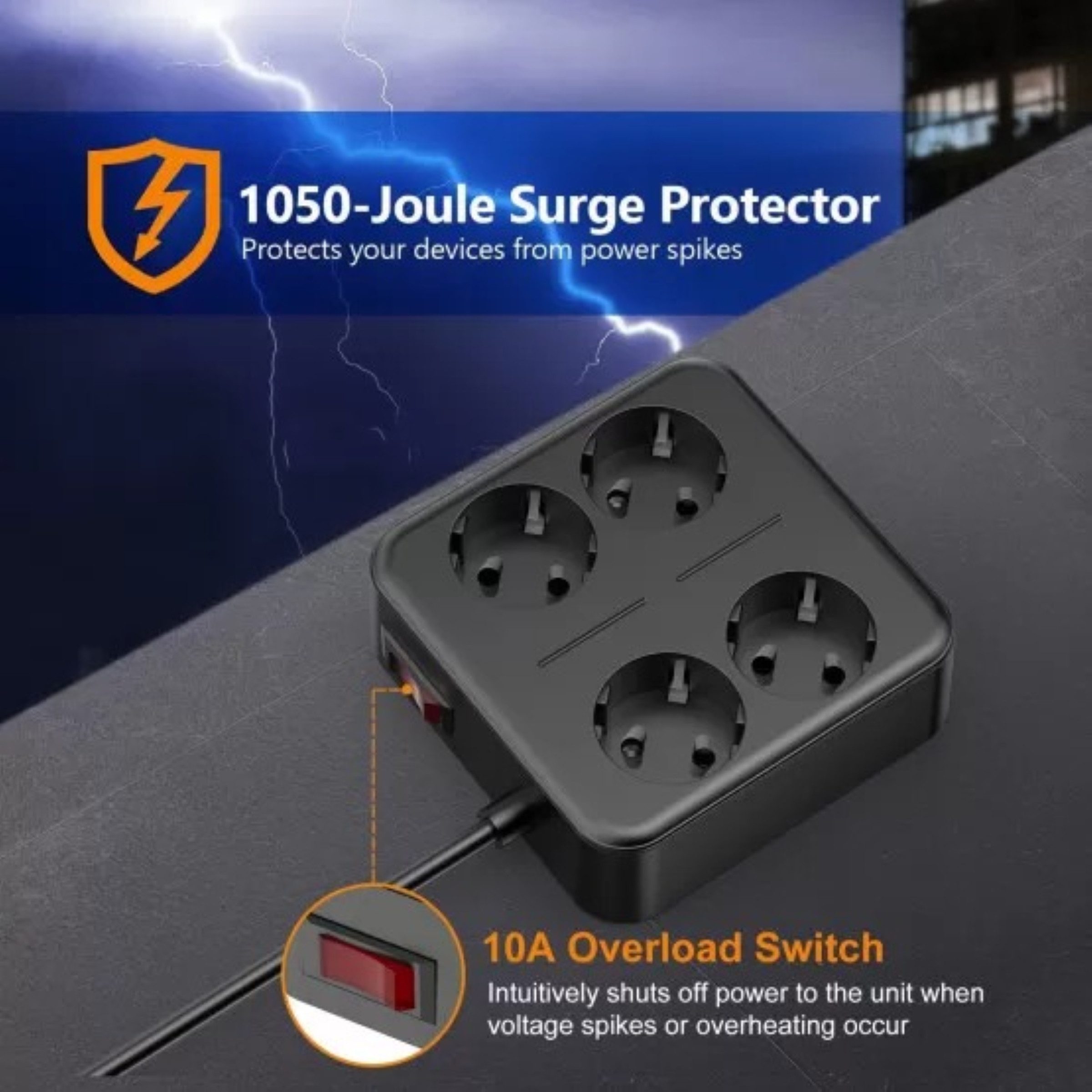 ShenzhenJilongLightingElectricalAppliances Co.,Ltd. Mehrfachsteckdose 4x Schuko 5x USB (4A + 1C) 4000W Schutzfunktionen Mehrfachsteckdose 9-fach (Schuko-Steckdosen, Kurzschlussschutz, USB-A, Überspannungsschutz, USB-C, Kurzschlussschutz, Überlastschutz), Mehrfachsteckdose für Haus Büro, kompakt, robust, 4000 W 2 m Kabel