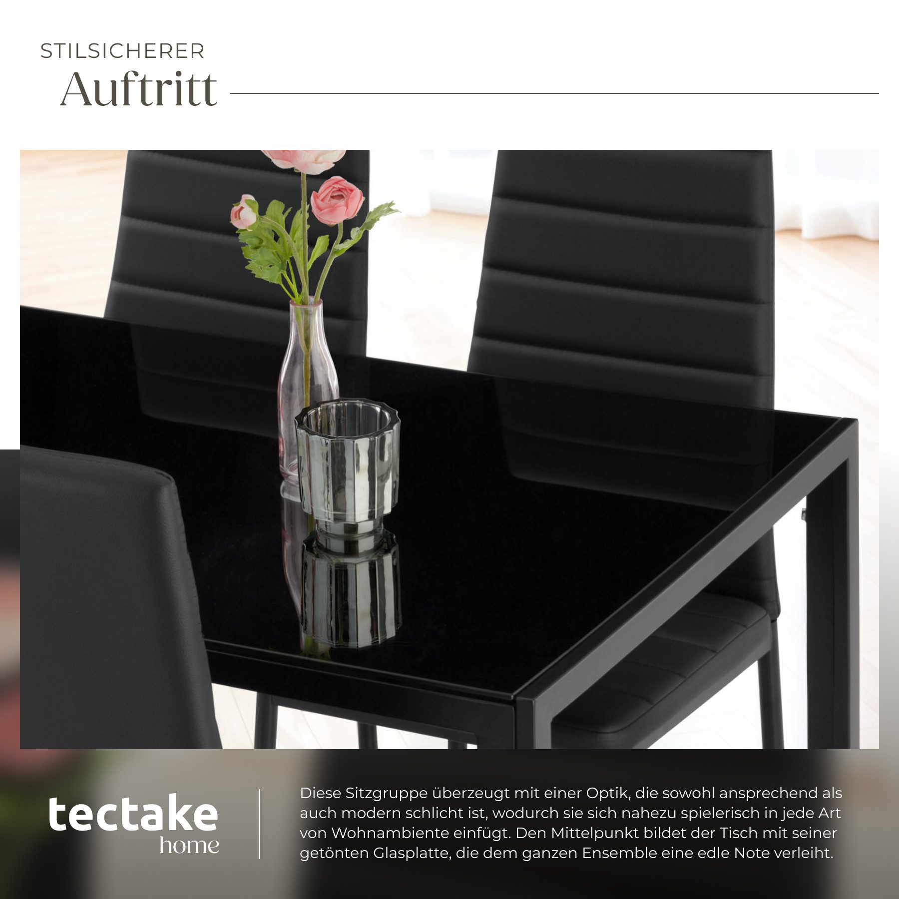 tectake Sitzgruppe Essgruppe Berlin - Kunstlederstühle mit Glastisch, (Esszimmer Möbel Berlin, 5-tlg., in schwarz), Geringes Gewicht, Tisch belastbar bis 60 kg – Bild 5 von 5