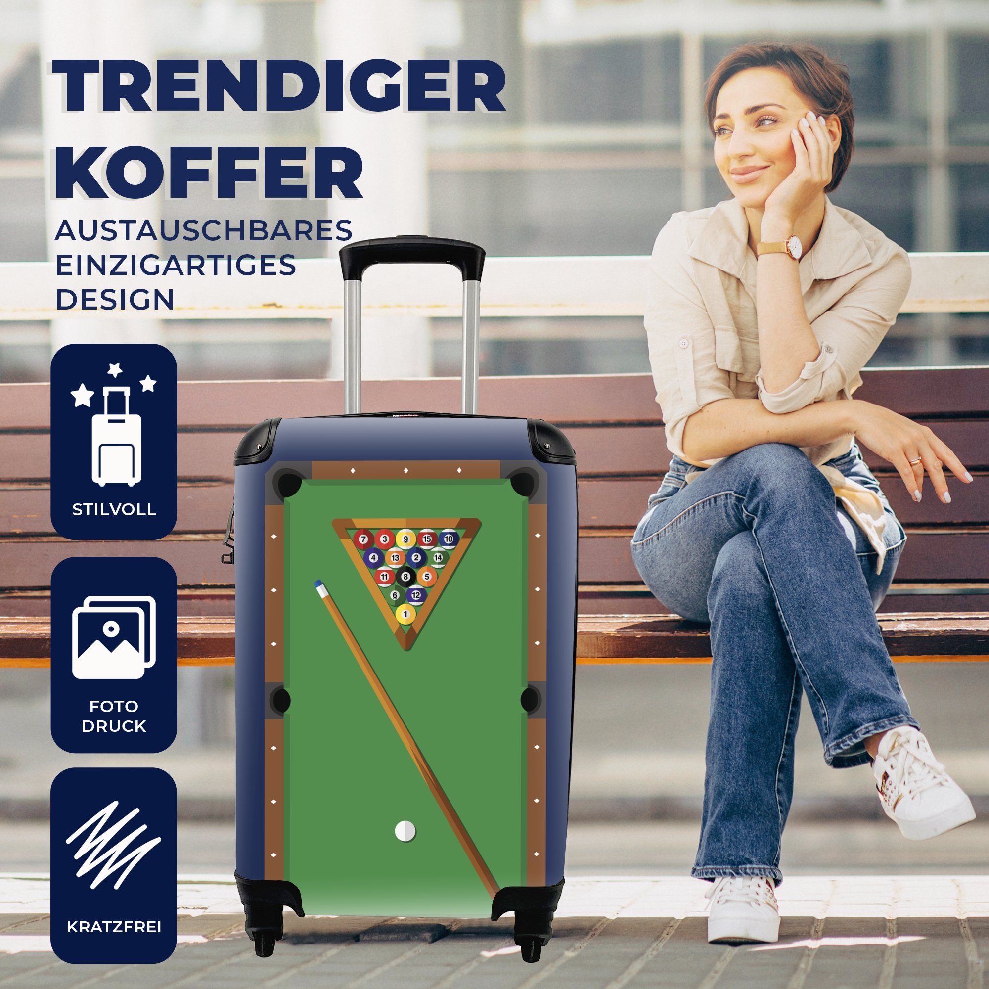 MuchoWow Handgepäckkoffer Ferien, bereit Reisetasche Reisekoffer mit das für Eine eines Handgepäck Rollen, Spiel 4 Trolley, der Billardtisches, ist., Illustration rollen, für