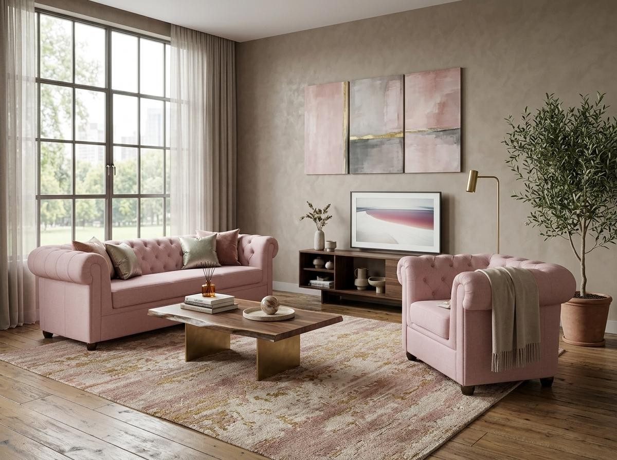Xlmoebel Chesterfield-Sofa Elegantes hellrosa Chesterfield-Sofa-Set mit 3+1-Sitzern, 2 Teile, Made in Europa