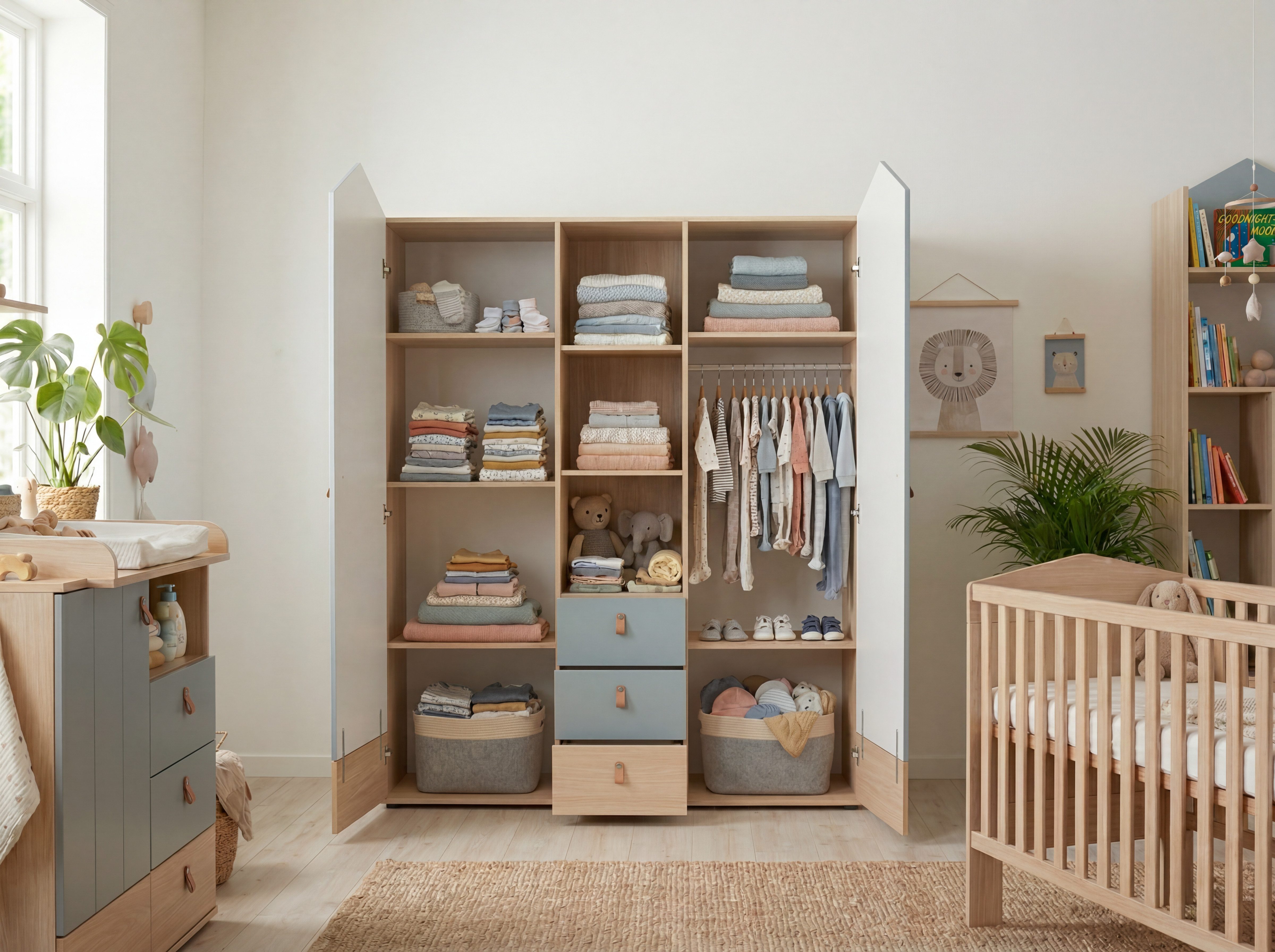 arthur berndt Kinderkleiderschrank Roofy Soft-Close, Türdämpfung, 150 cm breit, Ledergriffe