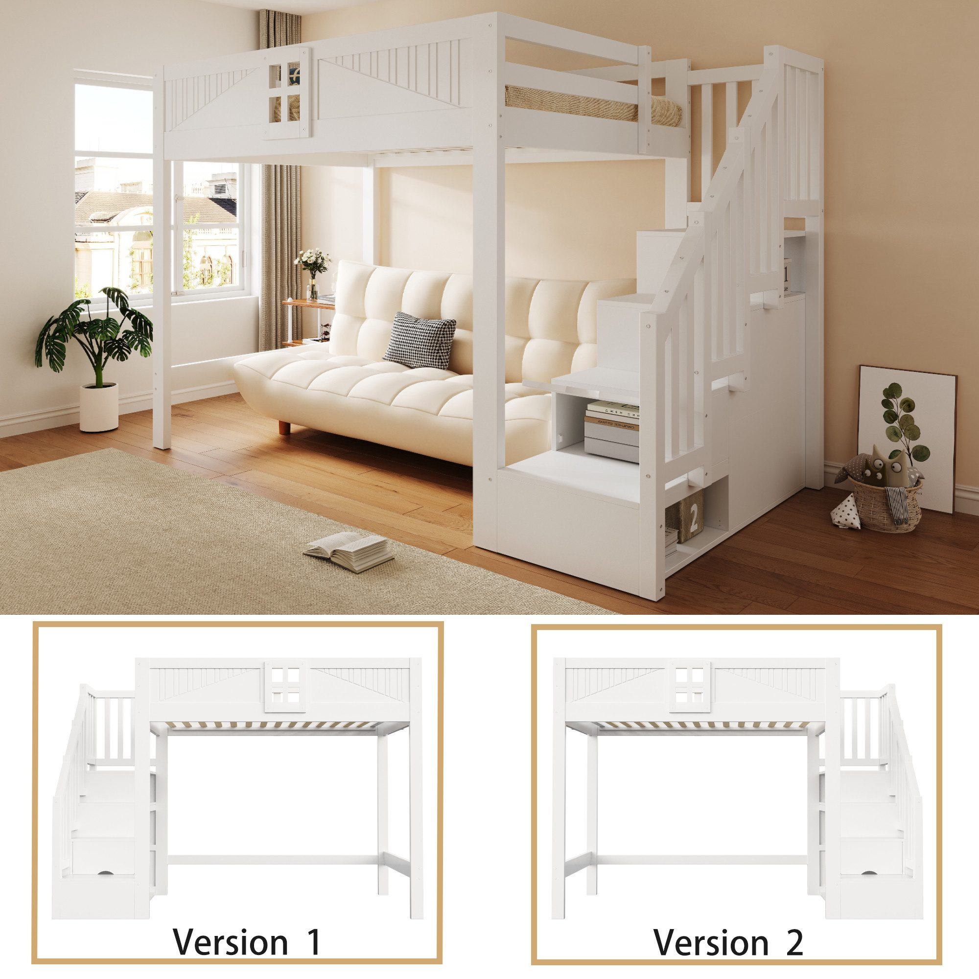 Celya Hochbett Massivholz Multifunktionsbett 140 x 200 cm mit Stauraum (ohne Matratze, Mit Einzigartigem Sicherheitsgitter Mit Fenster) Beidseitig Austauschbare – Bild 3 von 5