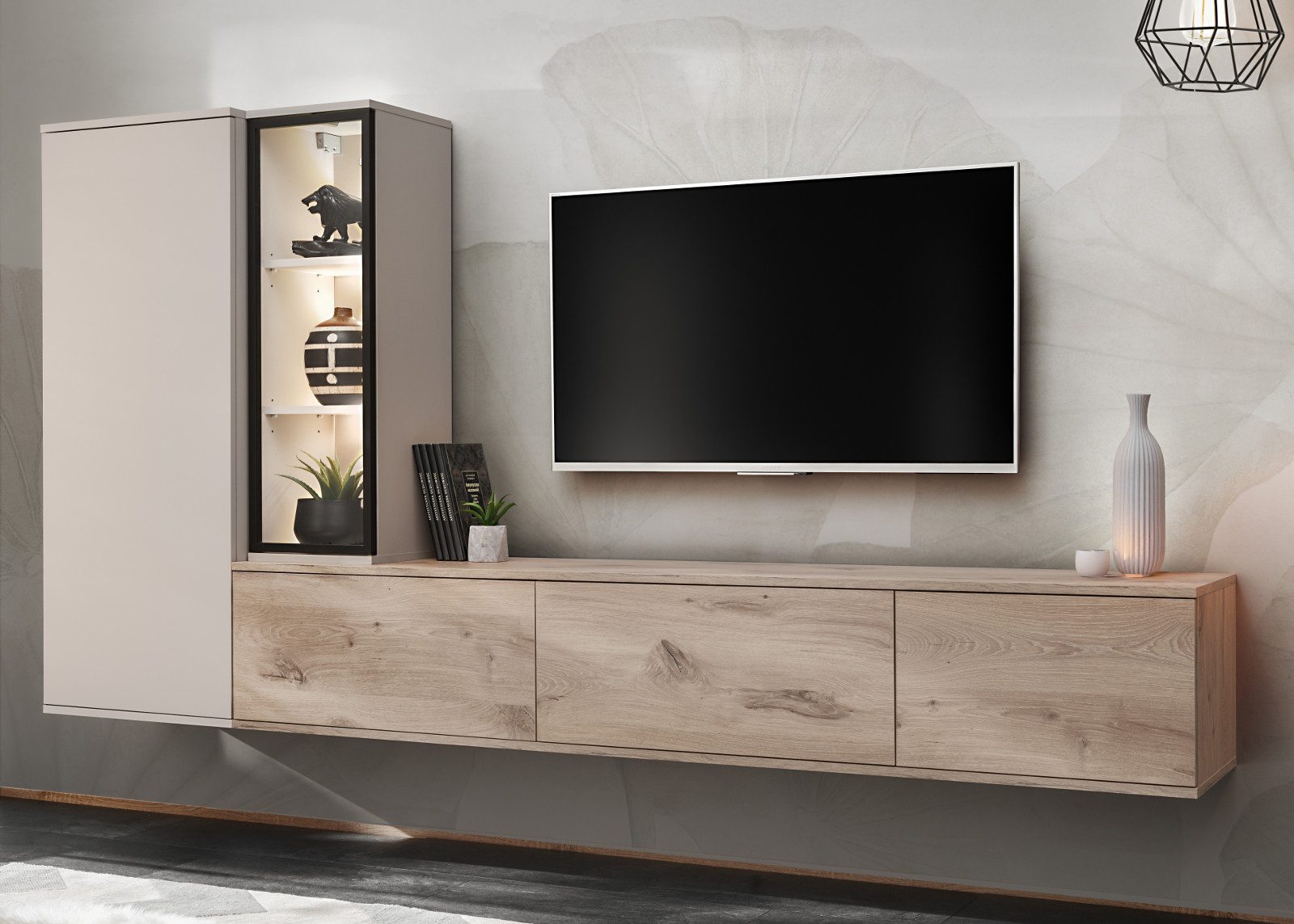 Furn.Design Wohnwand Askim, (Schrankwand in Eiche und Kaschmir / Sand, hängend, Breite 240 cm), Push-To-Open, inklusive LED Beleuchtung