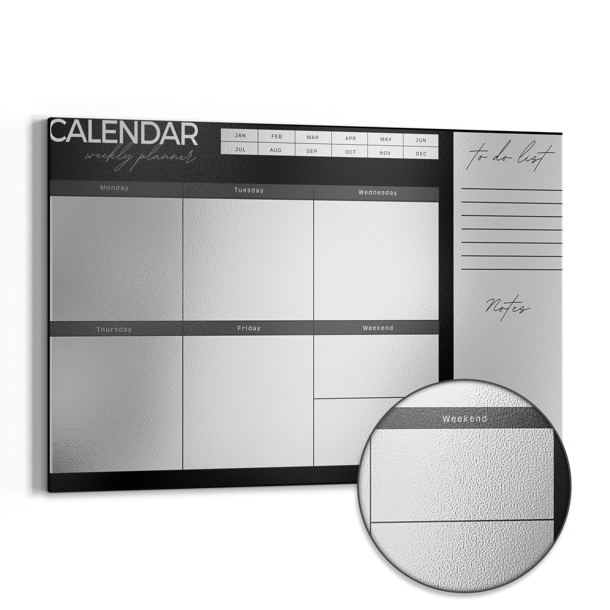 DEQORI Magnettafel 'Wochenplaner Schwarz (EN)', Metall Whiteboard für alle Magnete, Magnetboard magnetisch